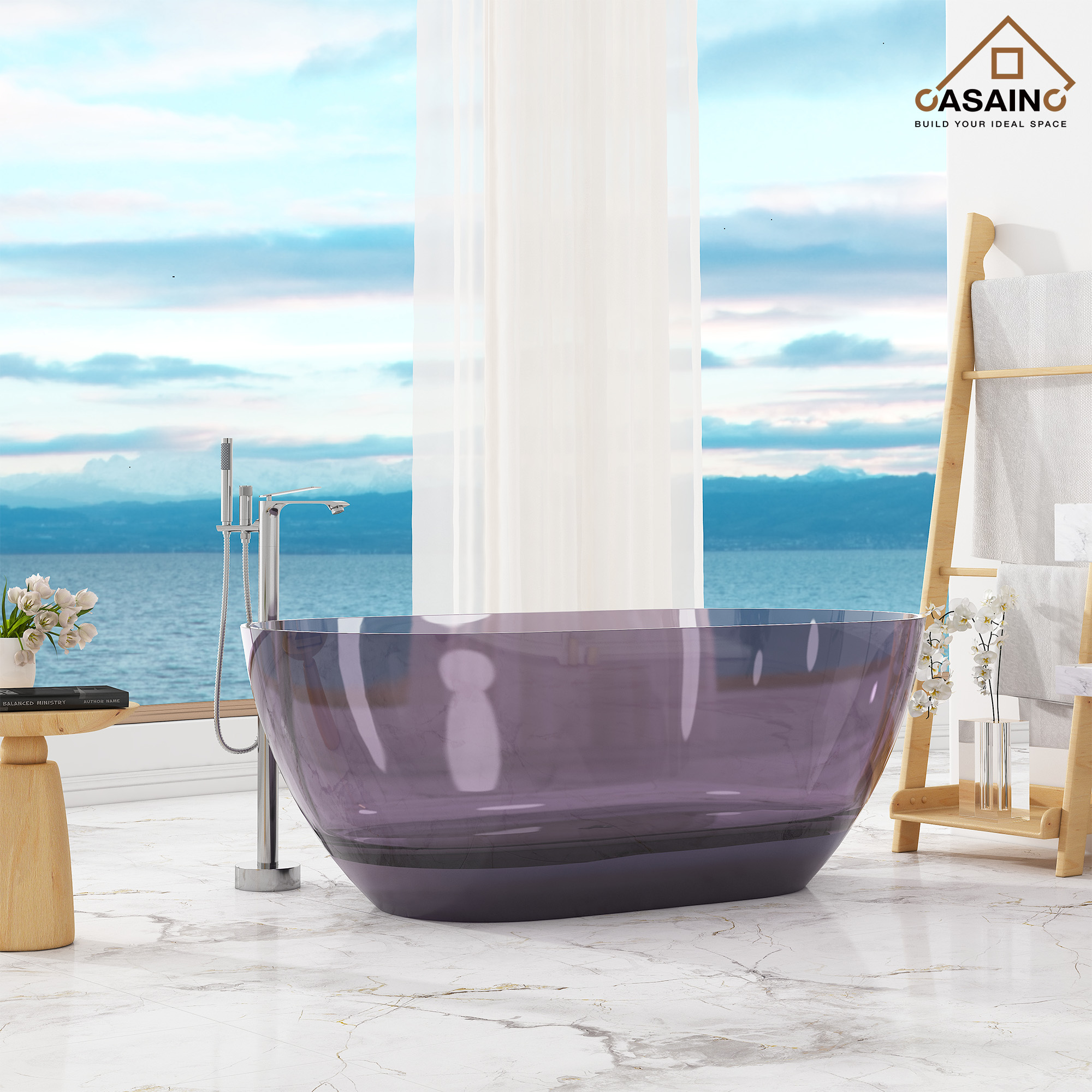 59"/69" Transparent Resin Freestanding Bathtub with Excellent Heat Retention
