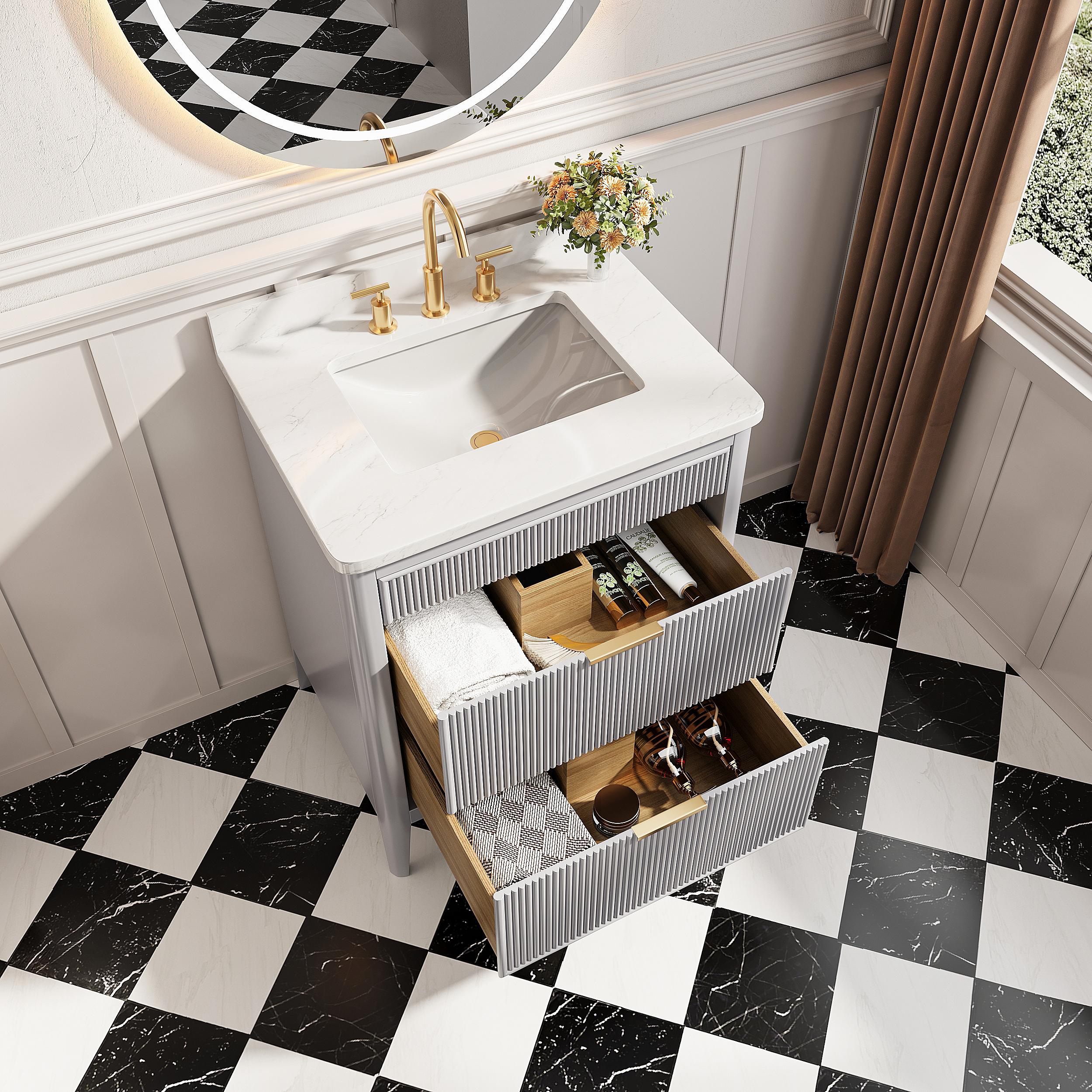 30"/36"/48" Freestanding Single Sink Bathroom Vanity with Solid Wood Construction & Marble Top