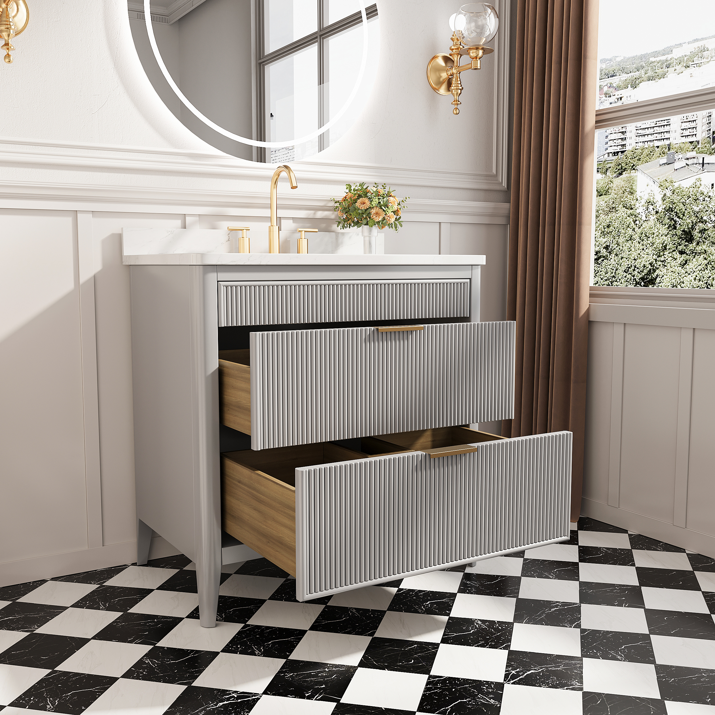 30"/36"/48" Freestanding Single Sink Bathroom Vanity with Solid Wood Construction & Marble Top