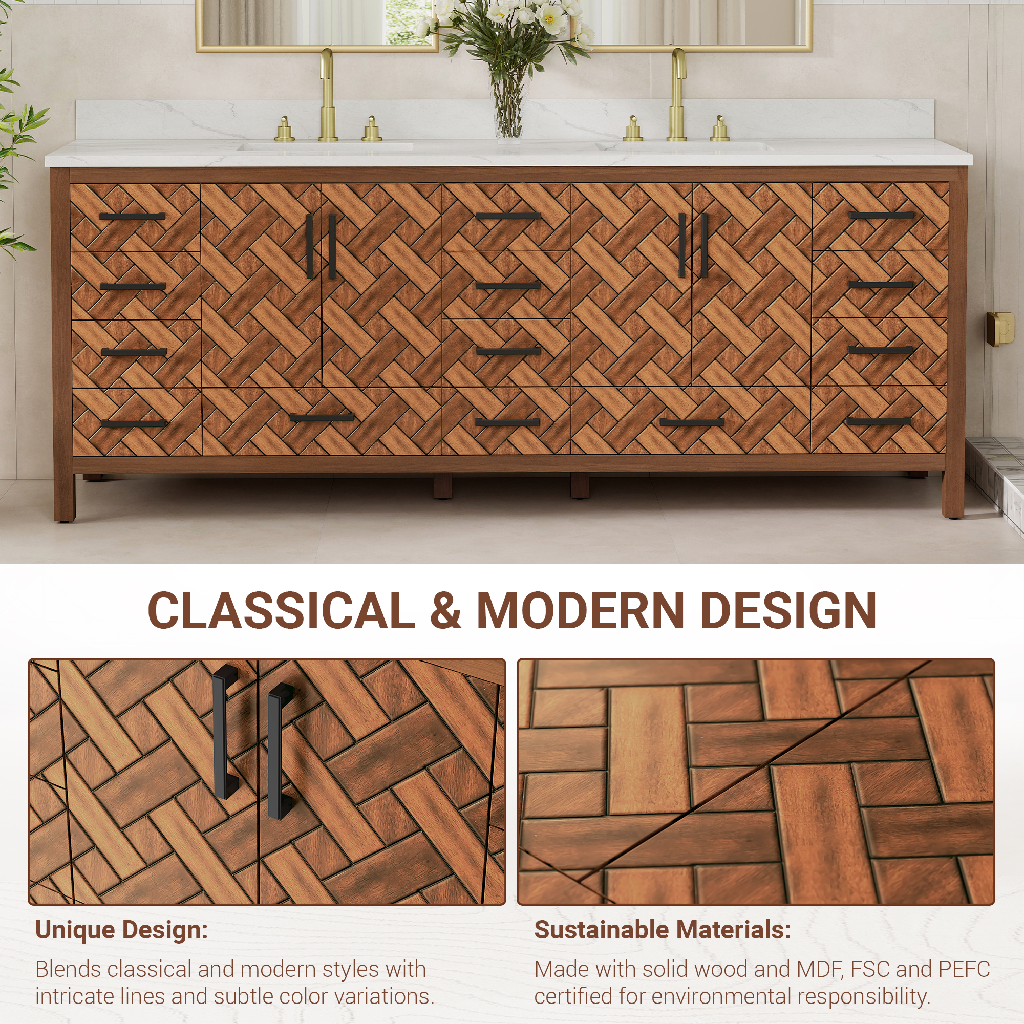 84" Freestanding Bathroom Vanity with Double Sink and Engineering Stone Top