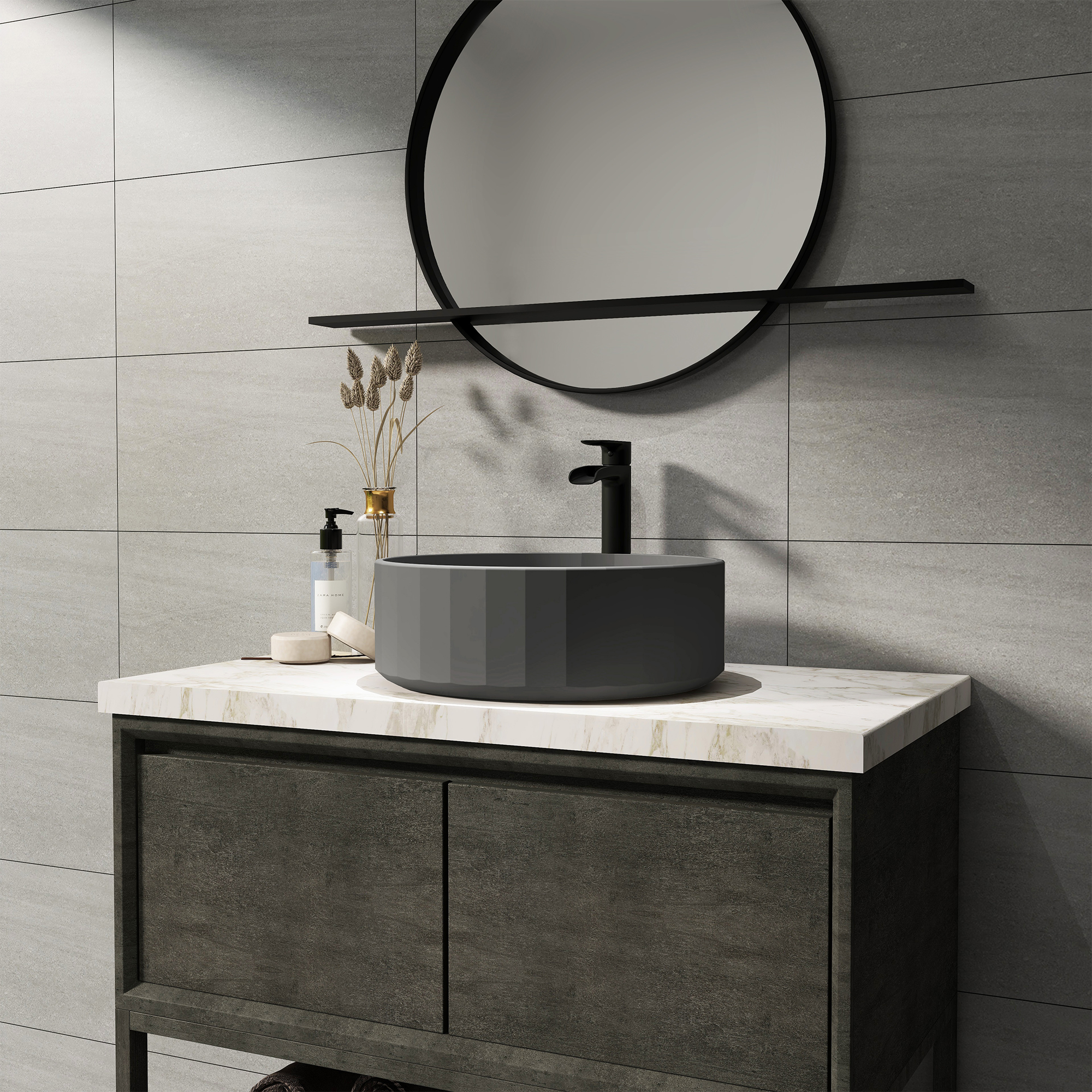 17in Bathroom Concrete Round Vessel Sink with Drainer in Black Earth / Mottled Bluish Grey / Taupe Clay