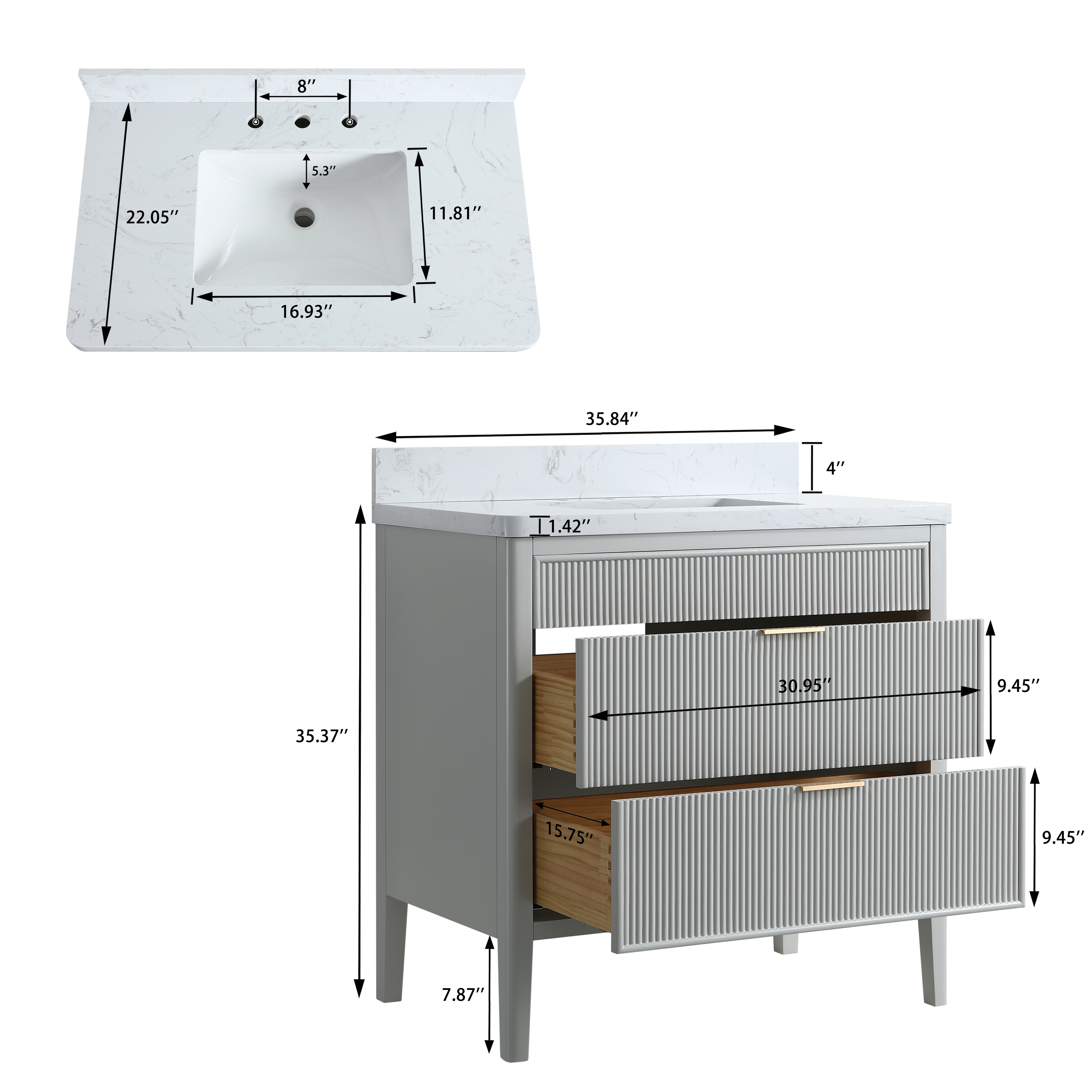 30"/36"/48" Freestanding Single Sink Bathroom Vanity with Solid Wood Construction & Marble Top