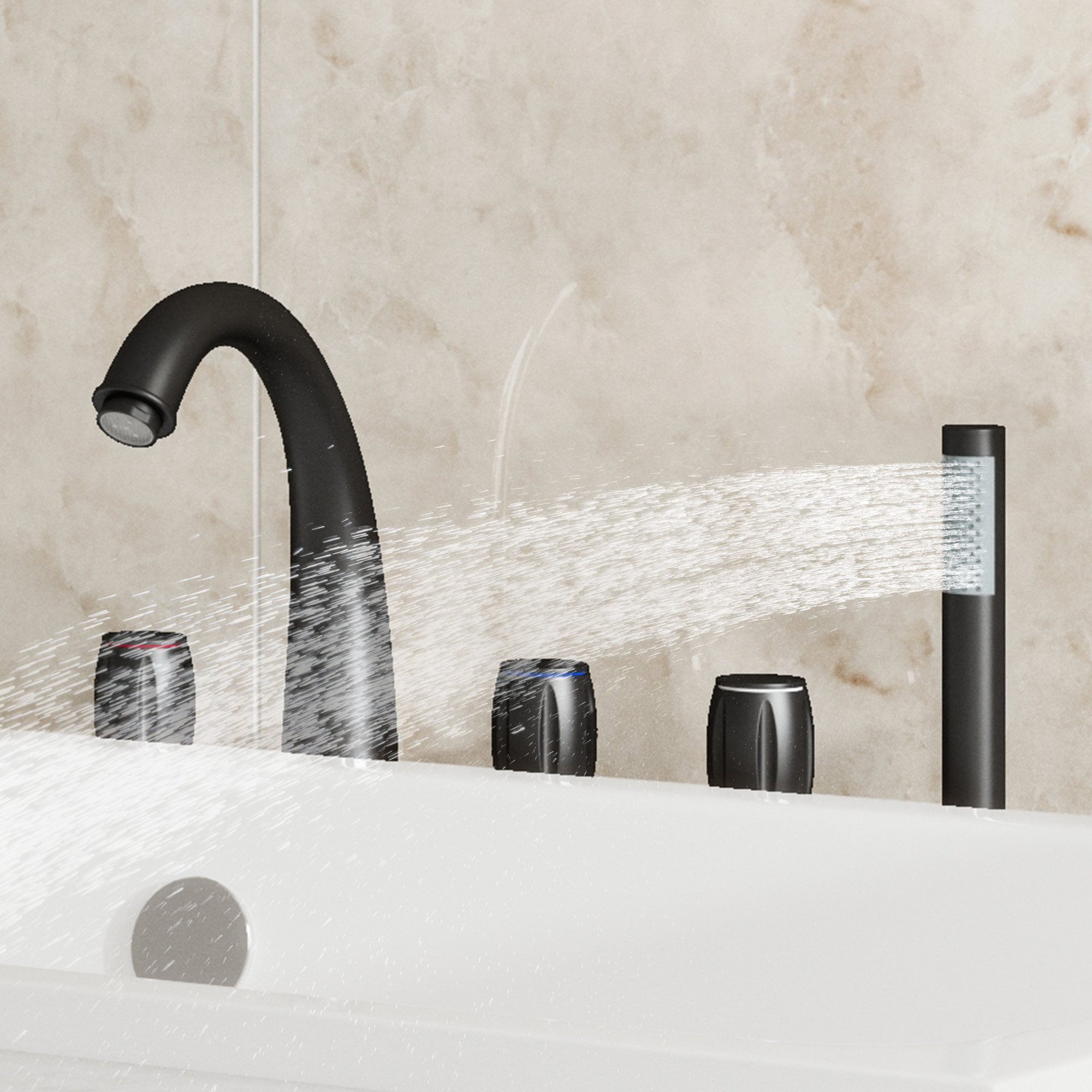 3-Handle Deck-Mounted Waterfall Roman Tub Faucet with Hand Shower