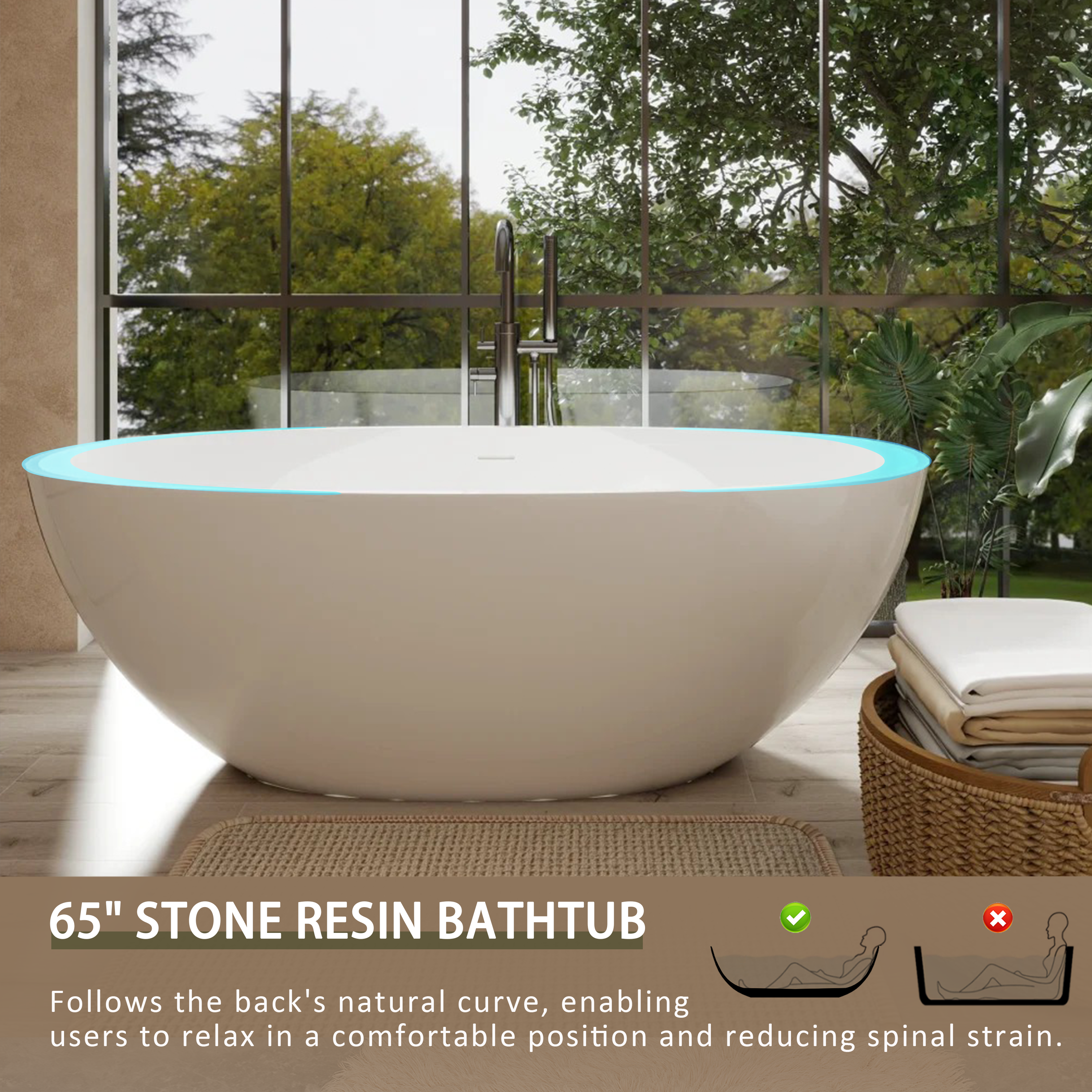 65" Oval Stone Resin Freestanding Soaking Tub with Ergonomic Design