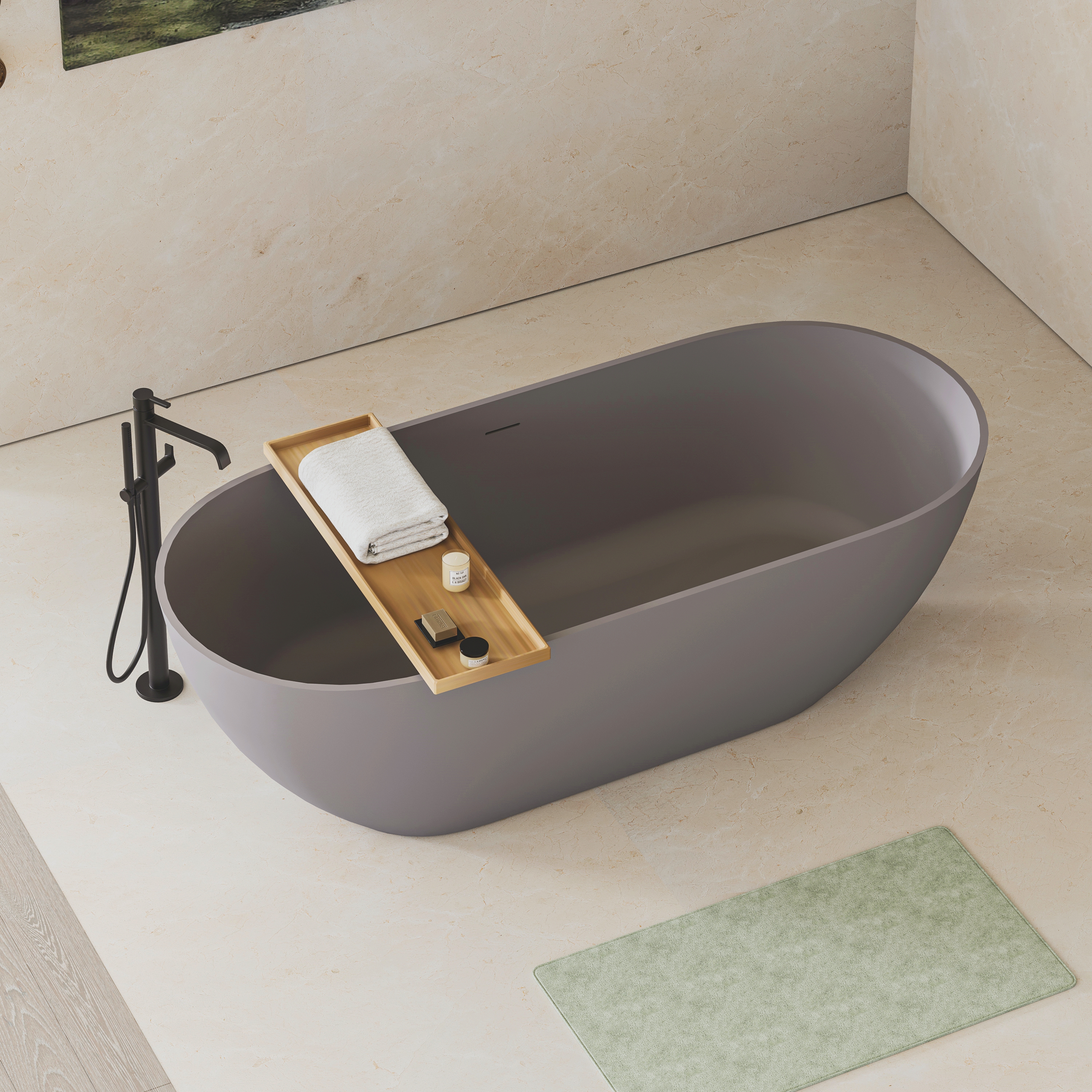 63" Engineered Stone Resin Freestanding Soaking Bathtub with Overflow and Pop-up Drain