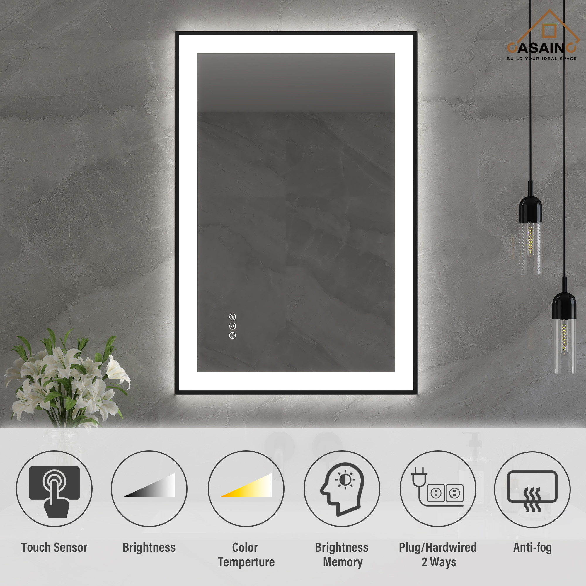 Tempered Glass LED Mirror with Aluminum Frame for Bathroom Vanity