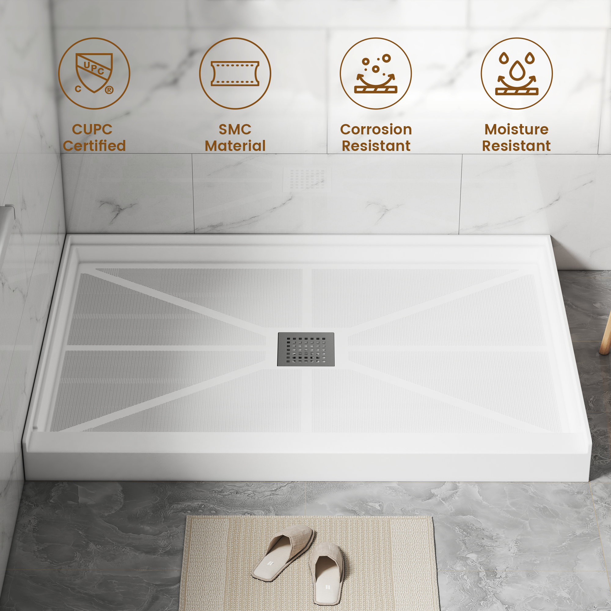 Rectangle SMC White Shower Pan Base with Center Drain