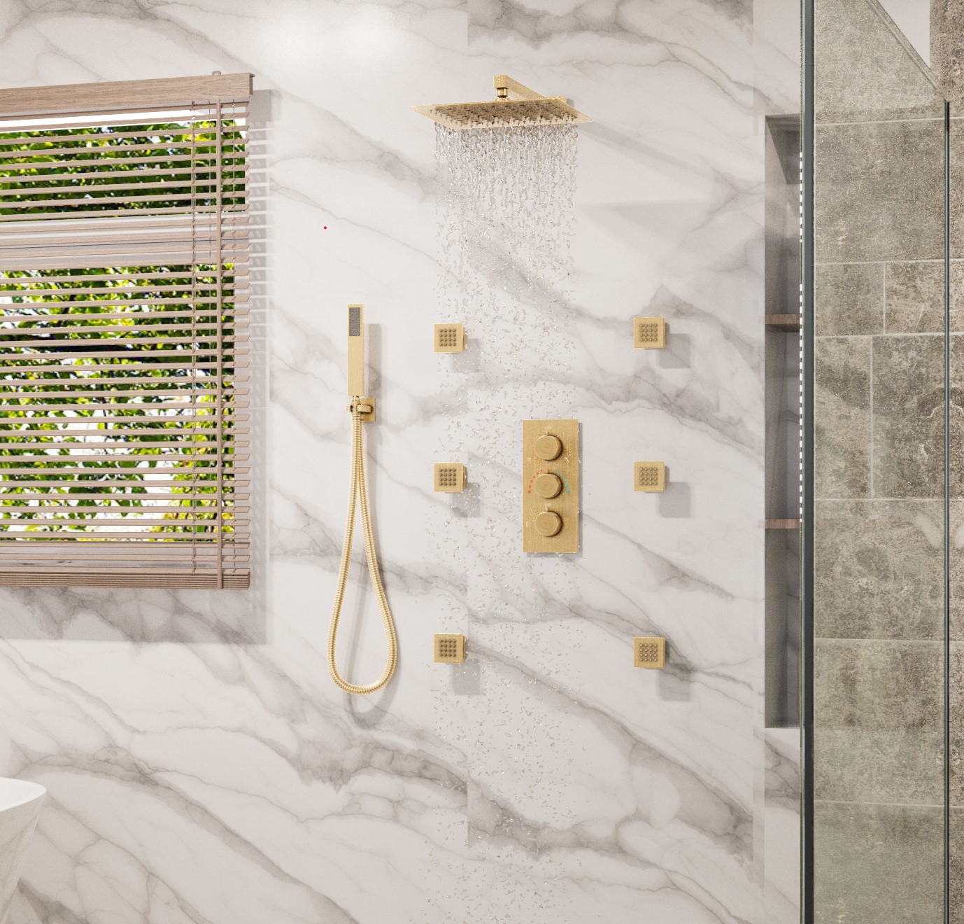 12" Thermostatic Rainfall Shower System with Handheld & Body Jets