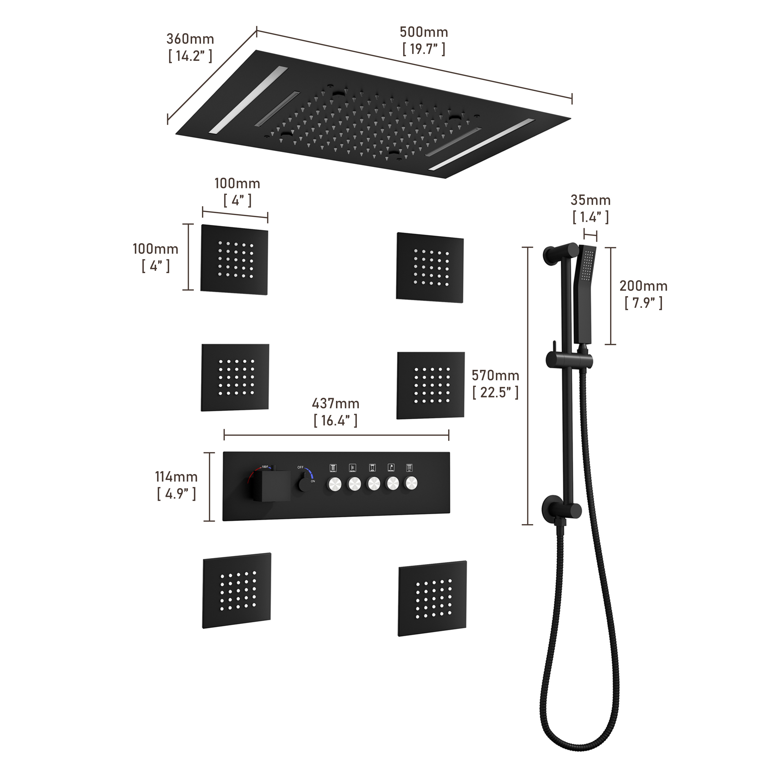 20*14 inch 5-Function Luxury Shower System with LED Lights and Slide Bar
