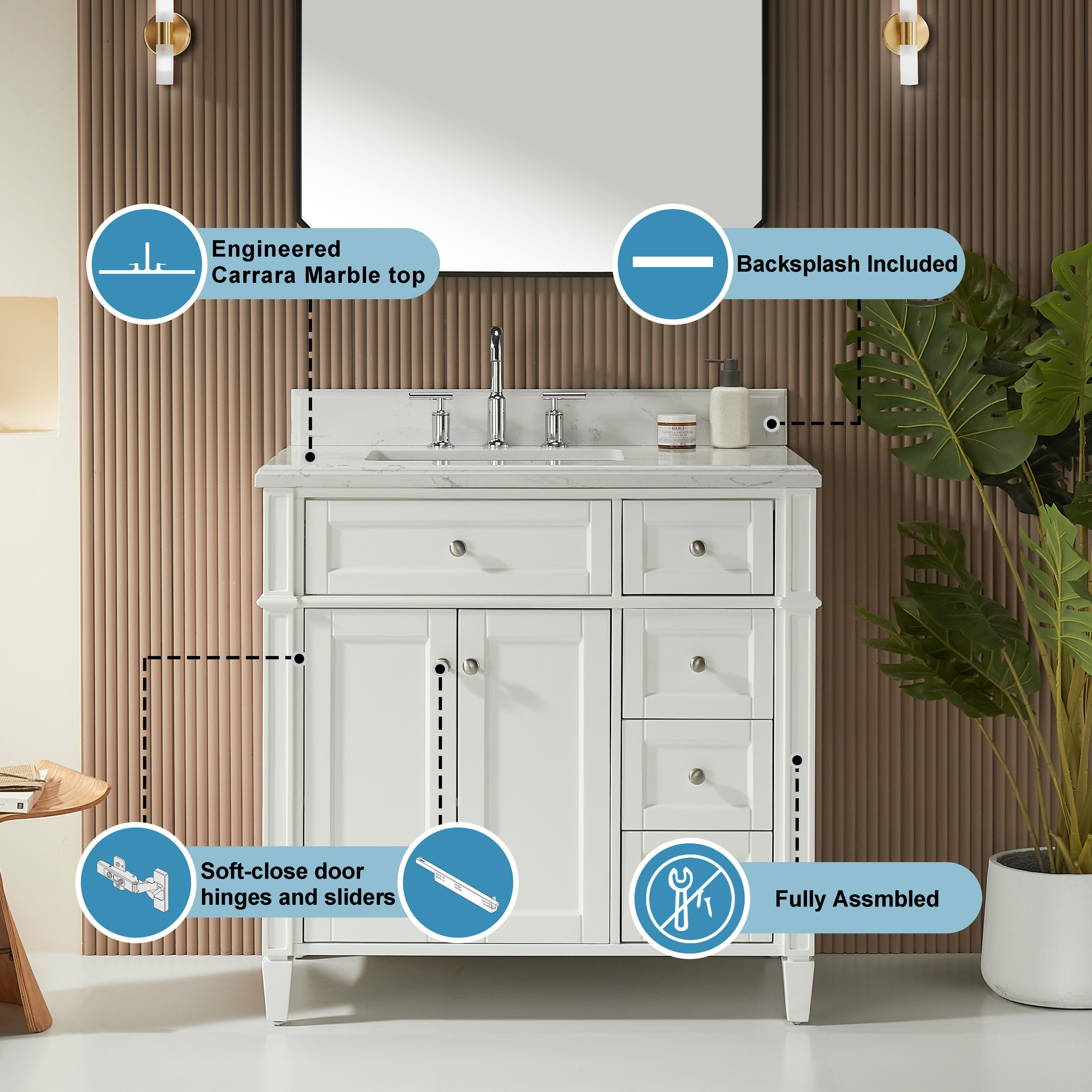 Fully Assembled 18"-60" Freestanding Bathroom Vanity with Integrated Top