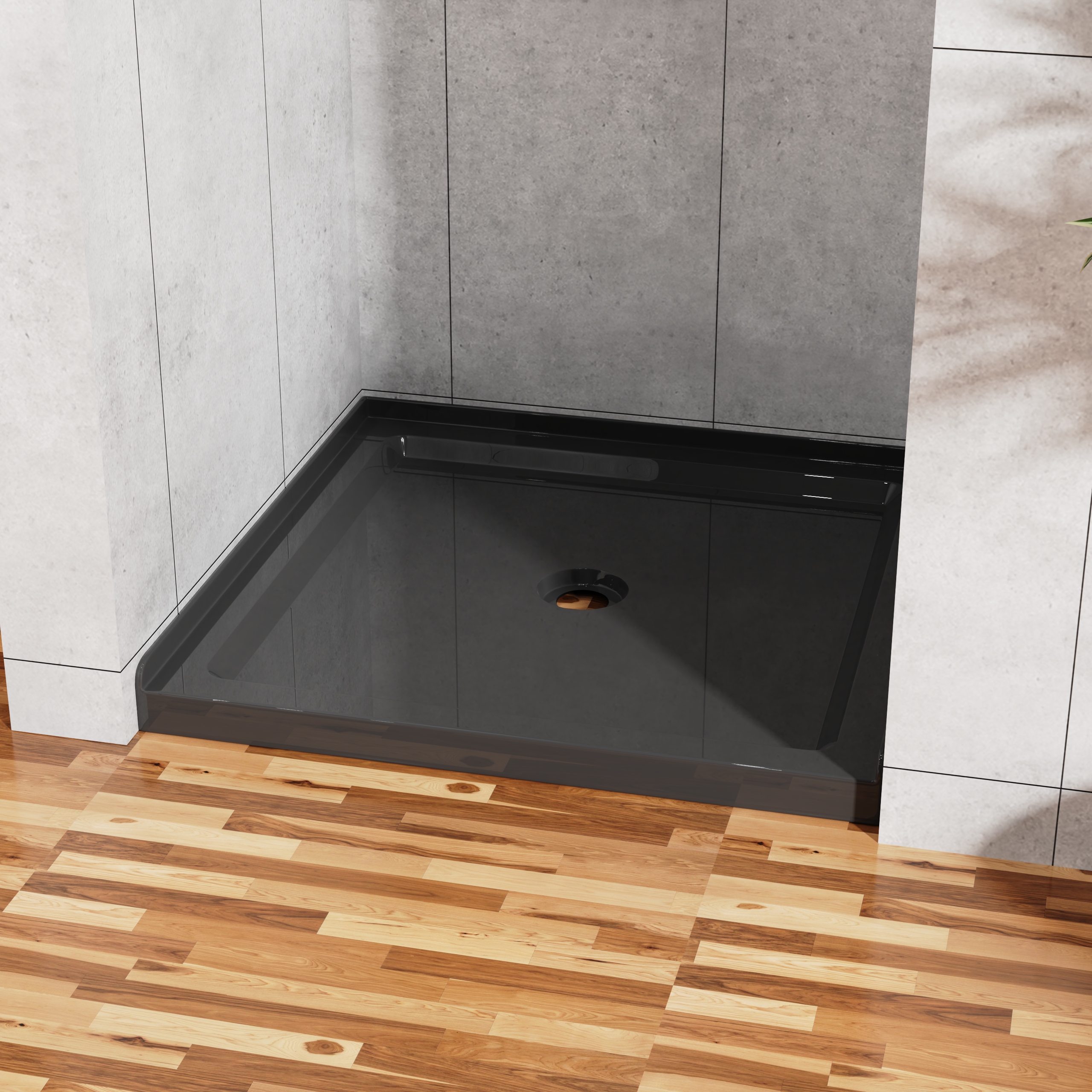 36" x 36" Black Acrylic Shower Base with Center Drain, Anti-Slip Single Threshold Design
