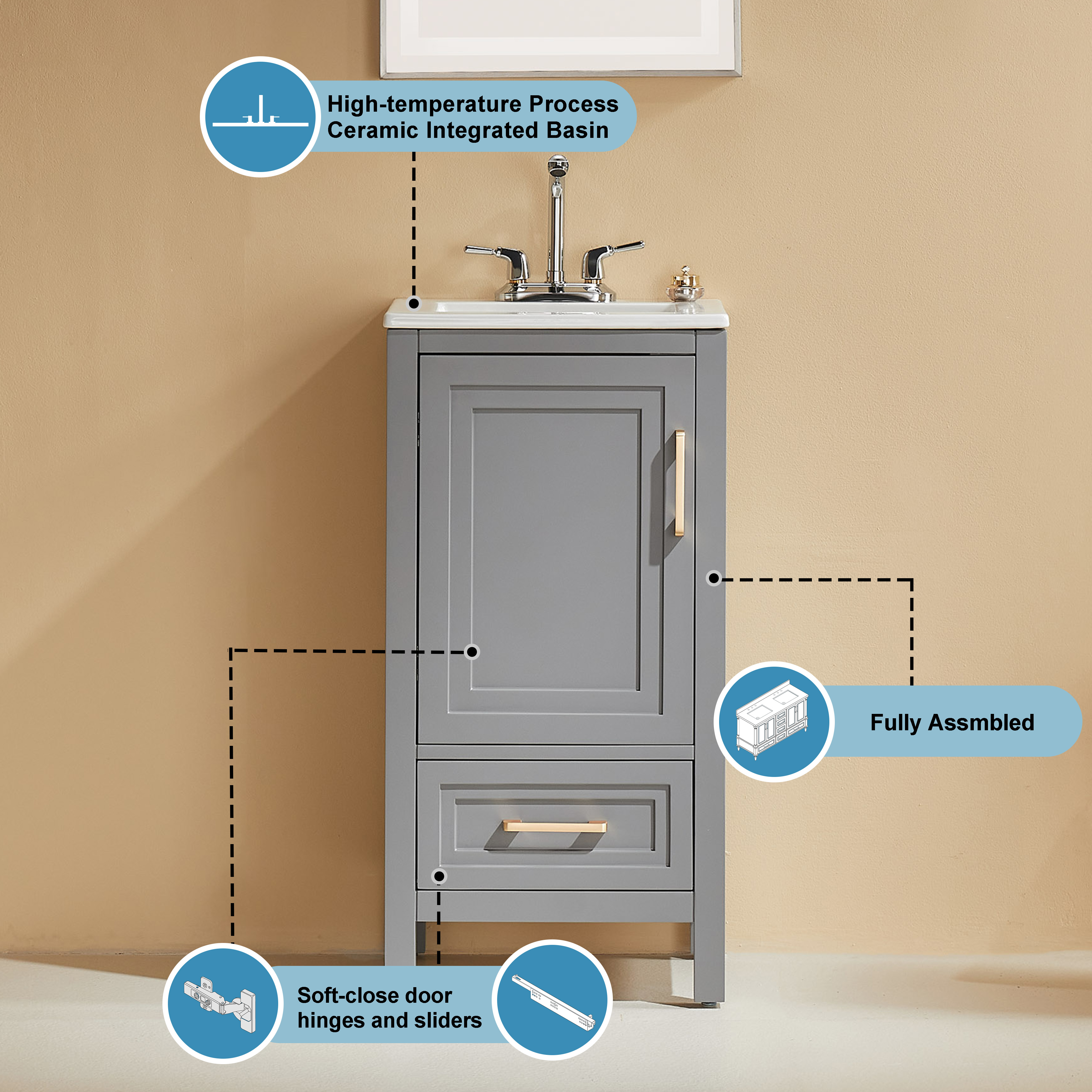 Fully Assembled 18"-60" Freestanding Bathroom Vanity with Integrated Top