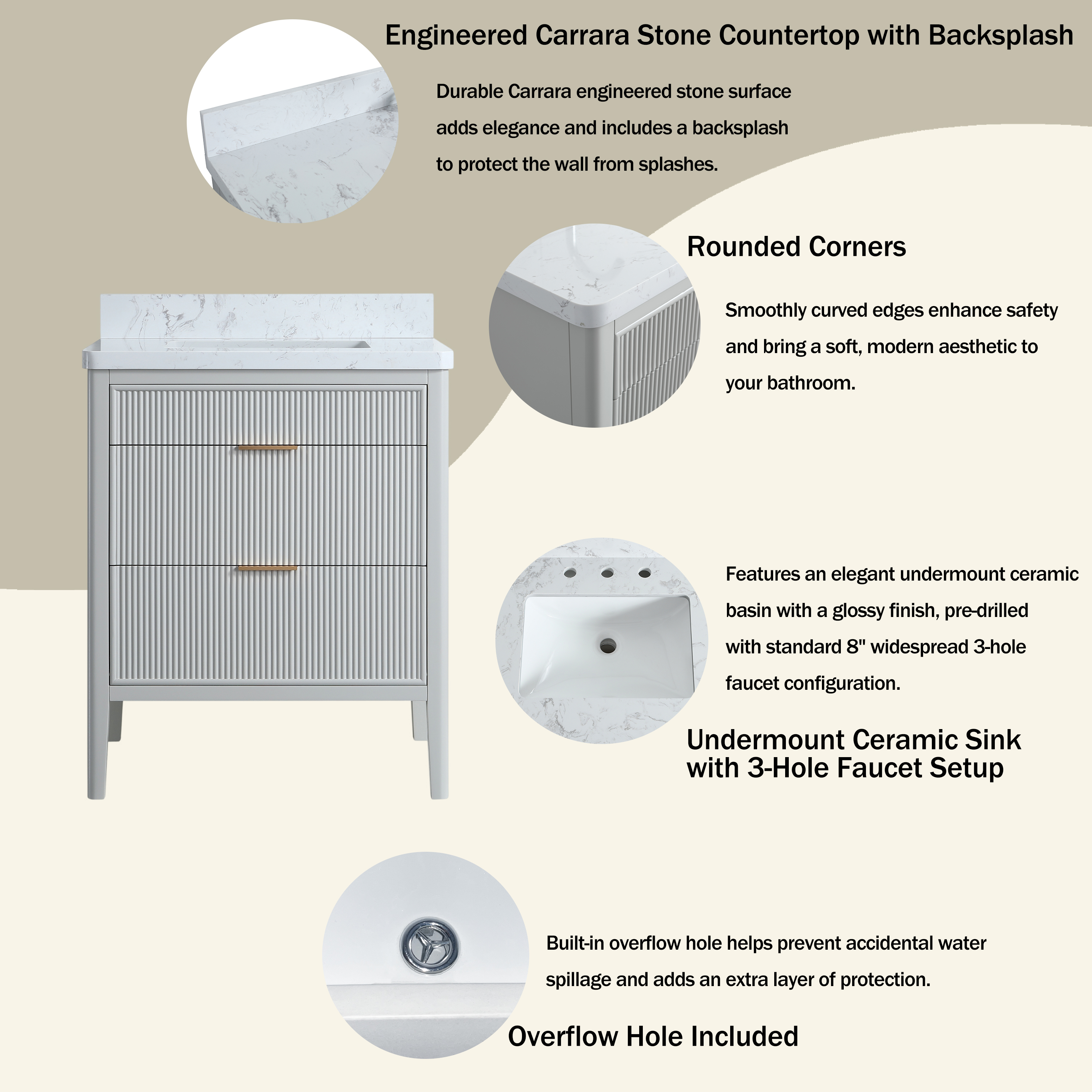 30"/36"/48" Freestanding Single Sink Bathroom Vanity with Solid Wood Construction & Marble Top