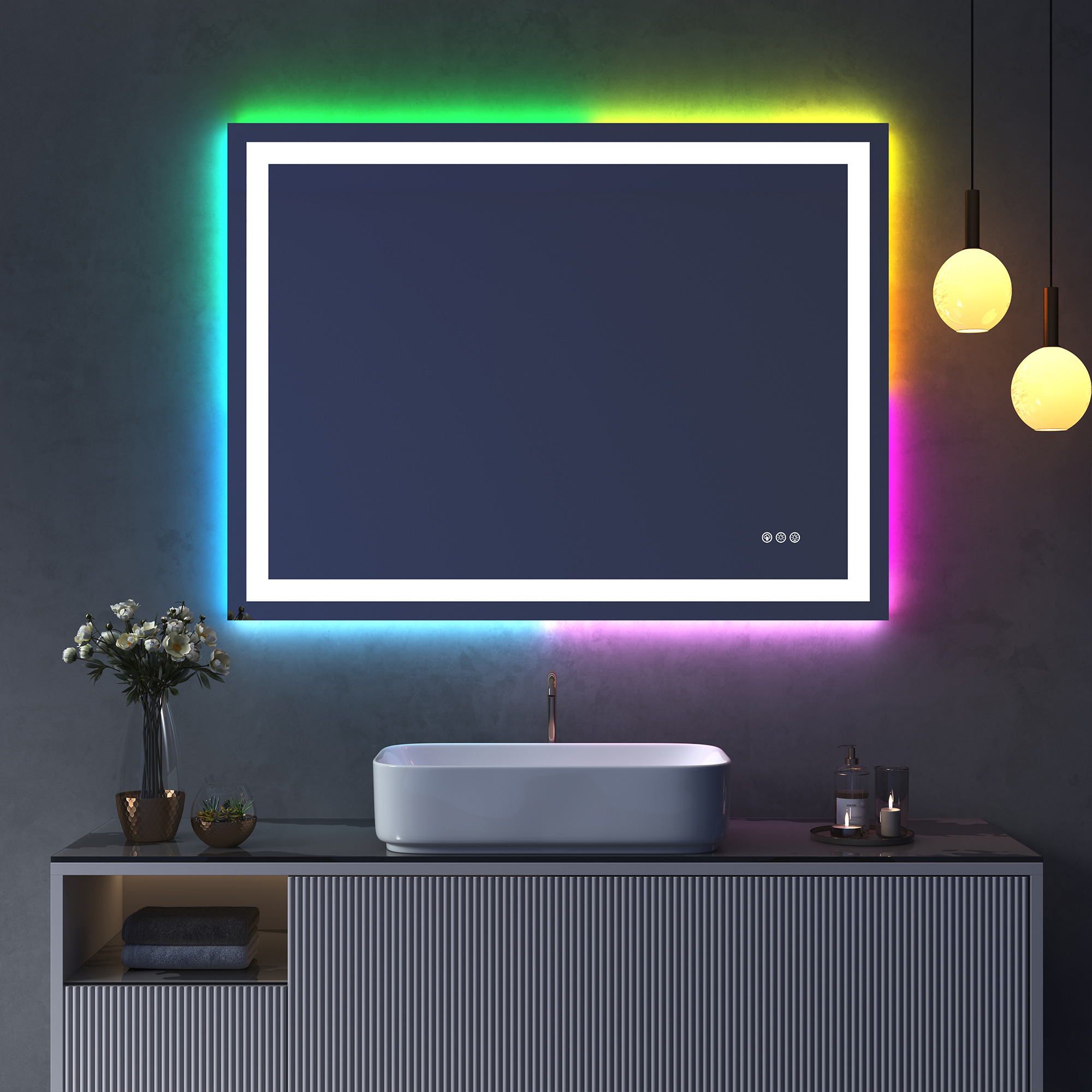 Tempered RGB LED Bathroom Mirror with Smart Controls & Anti-Fog