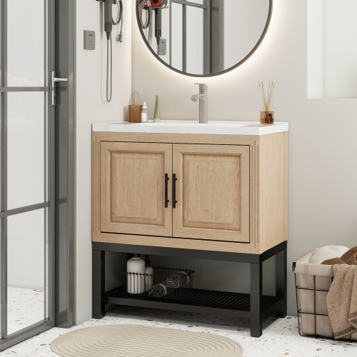 Freestanding Bathroom Vanity with White Ceramic Sink & Hot and Cold Faucet
