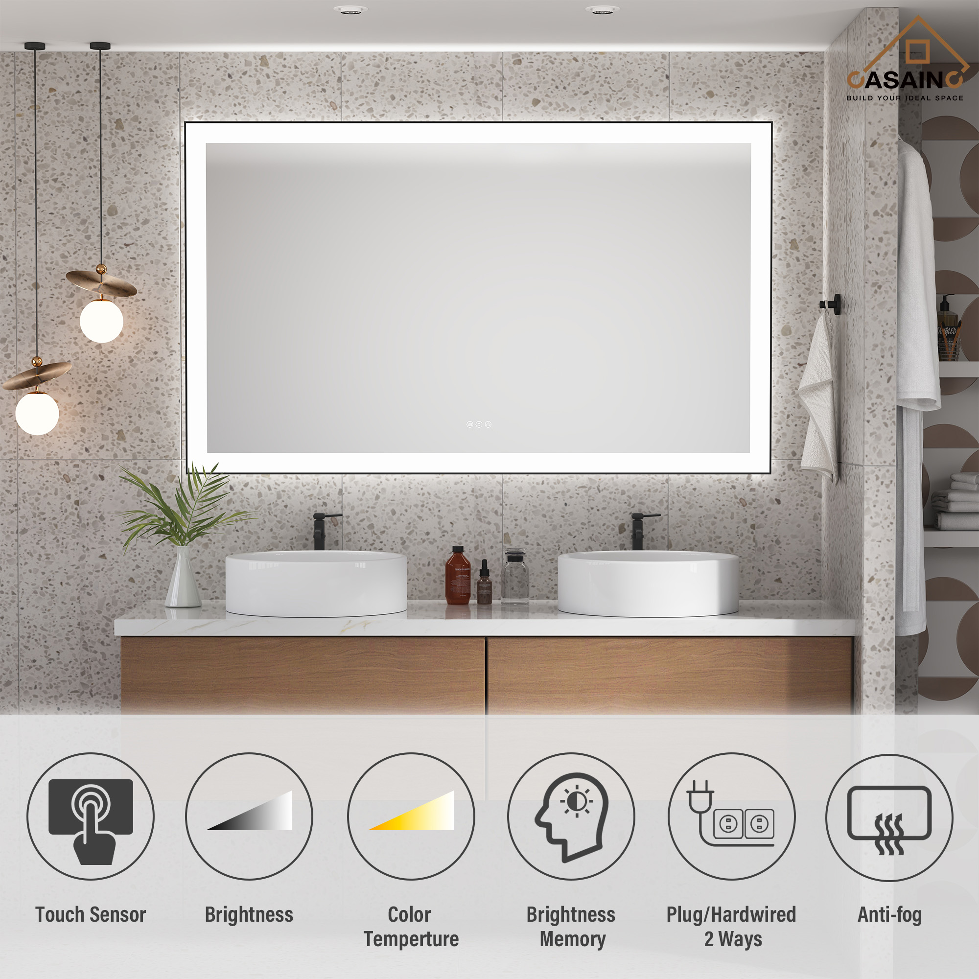 Tempered Glass LED Mirror with Aluminum Frame for Bathroom Vanity