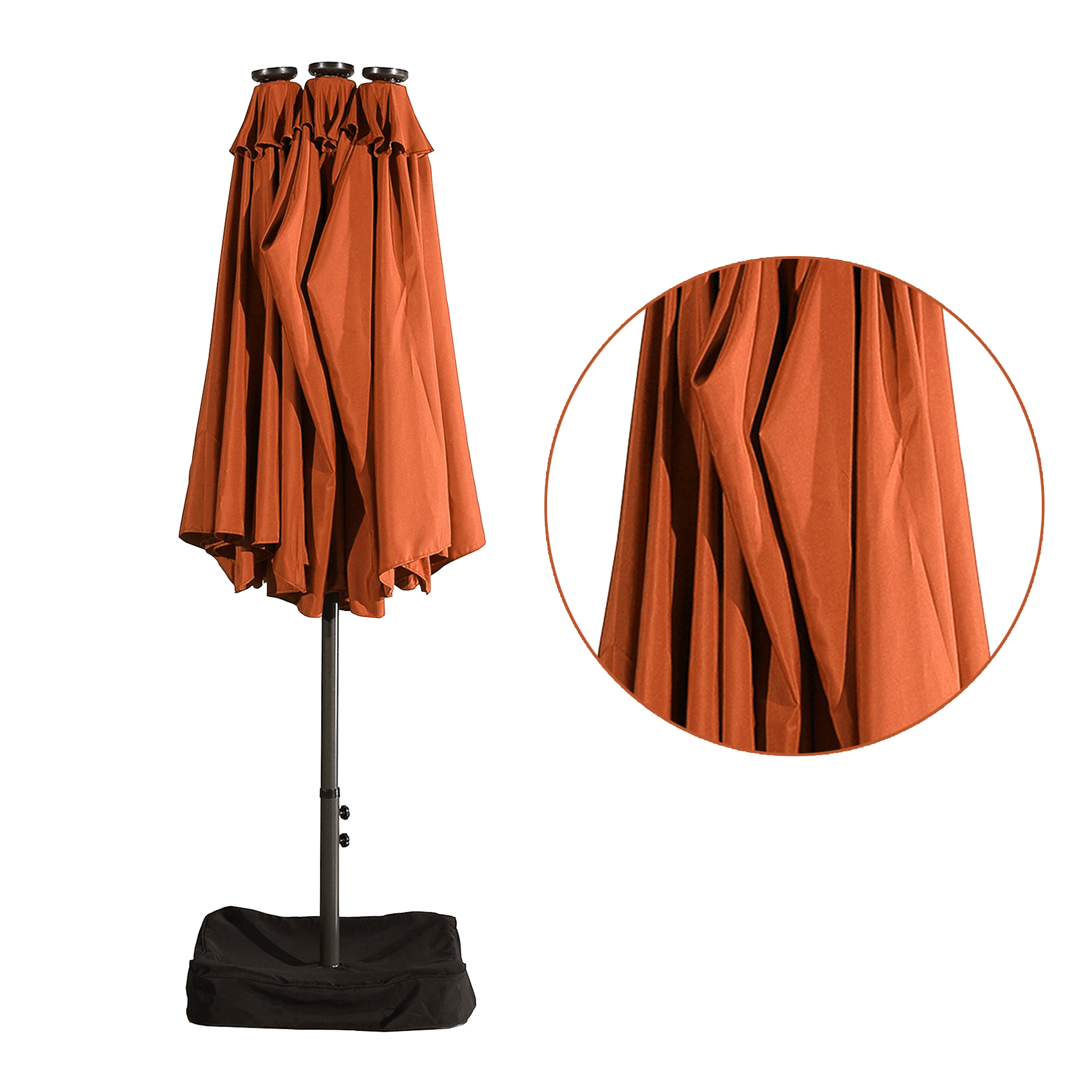 15ft Patio Steel Rectangular Double-Sided Market Umbrella With Base, Classic Design or Solar LED Lights Options,UV Sun Protection & Easy Crank for Deck Pool Patio.