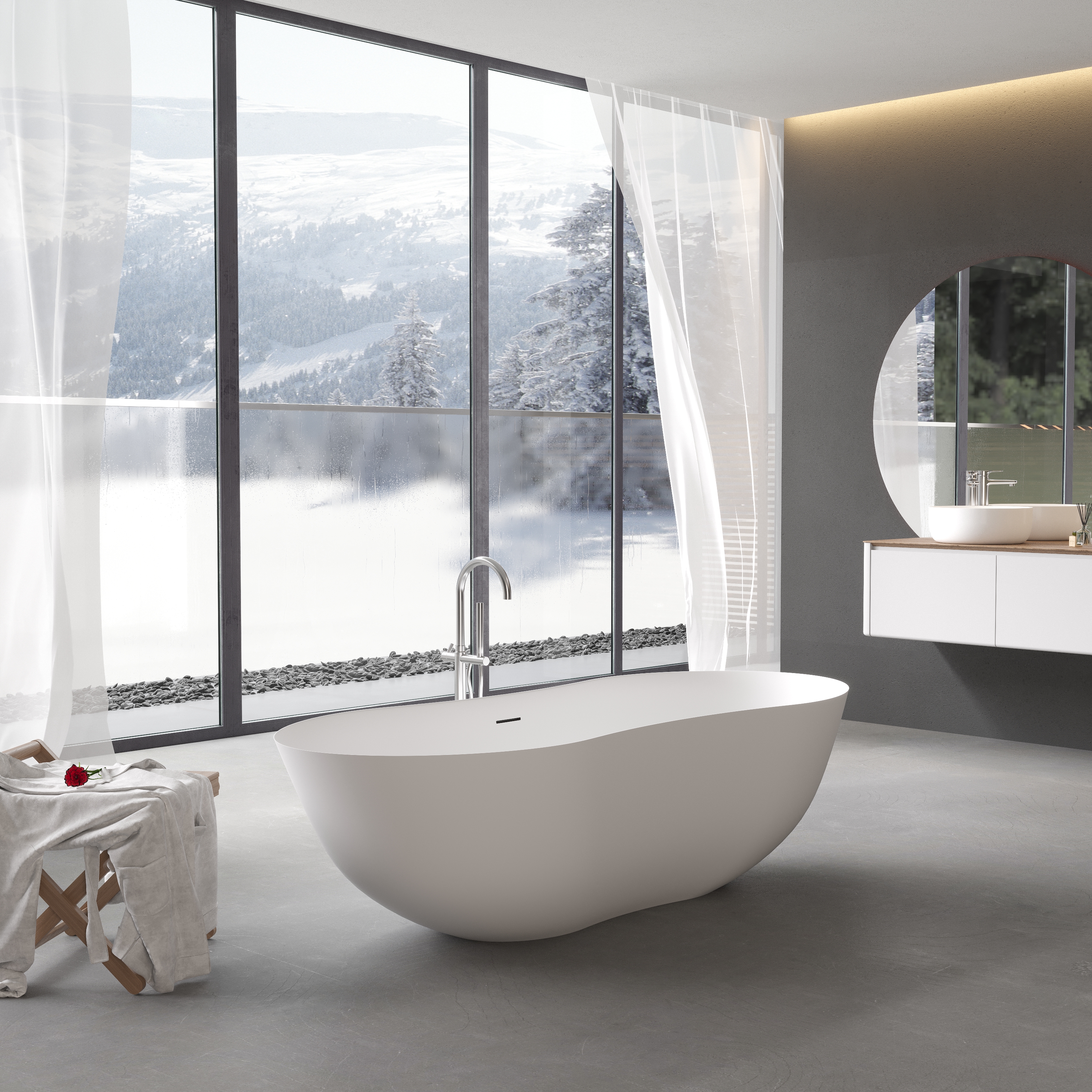 67" Peanut-Shaped Freestanding Solid Surface Bathtub for Two with Overflow & Pop-Up Drain