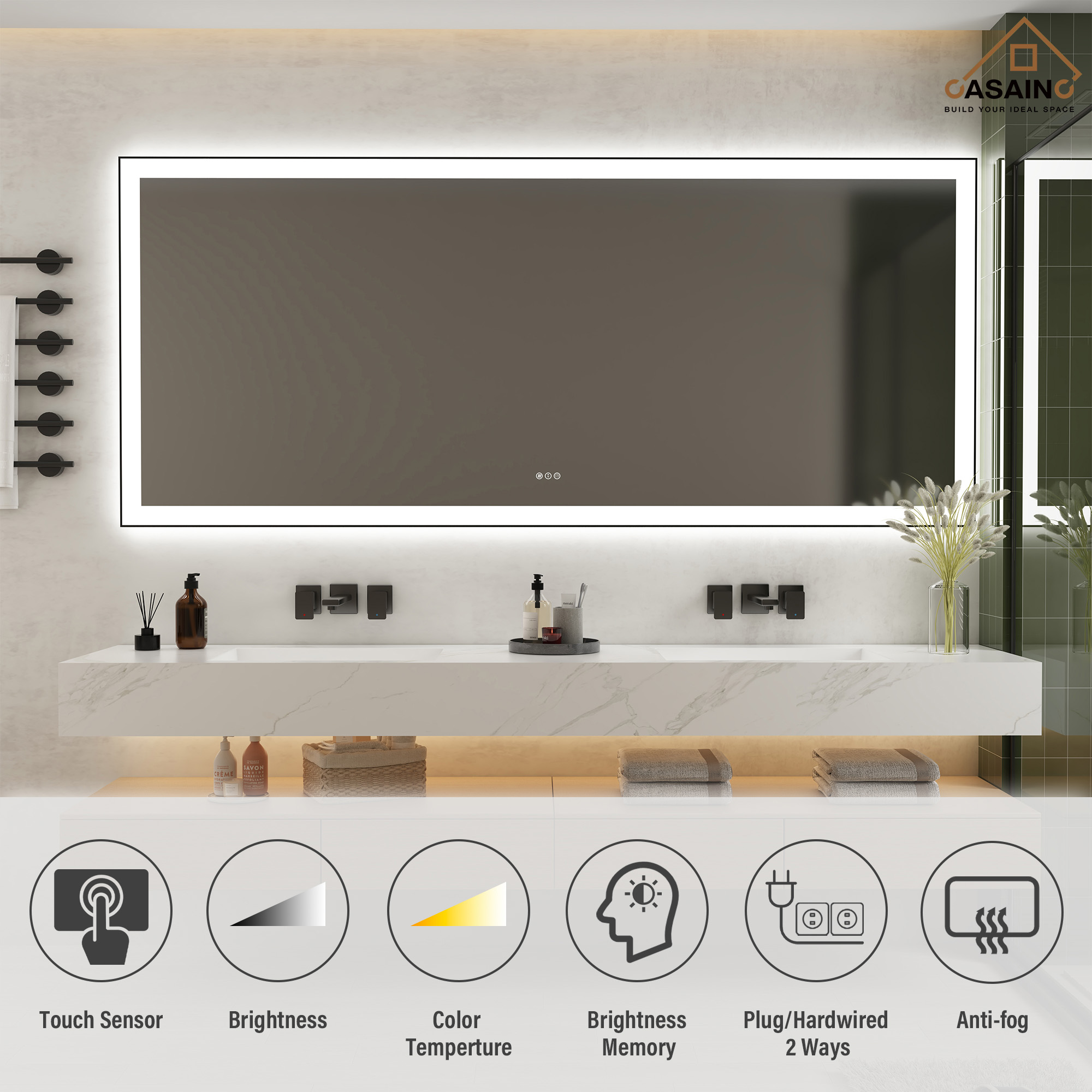 Tempered Glass LED Mirror with Aluminum Frame for Bathroom Vanity