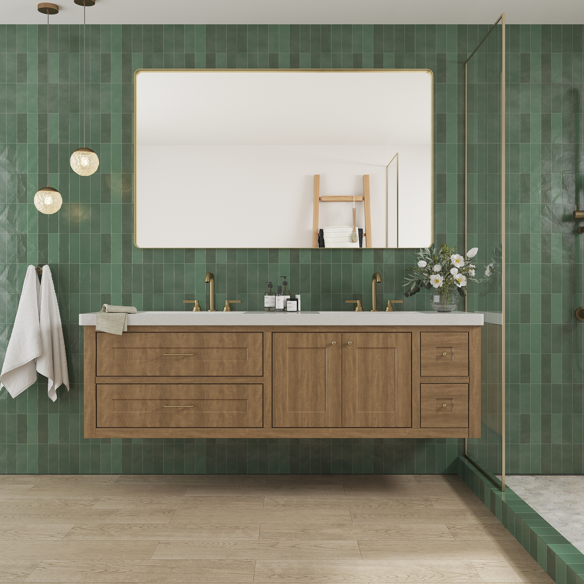 Tempered Glass Wall-Mounted Mirror with Gold Metal Frame