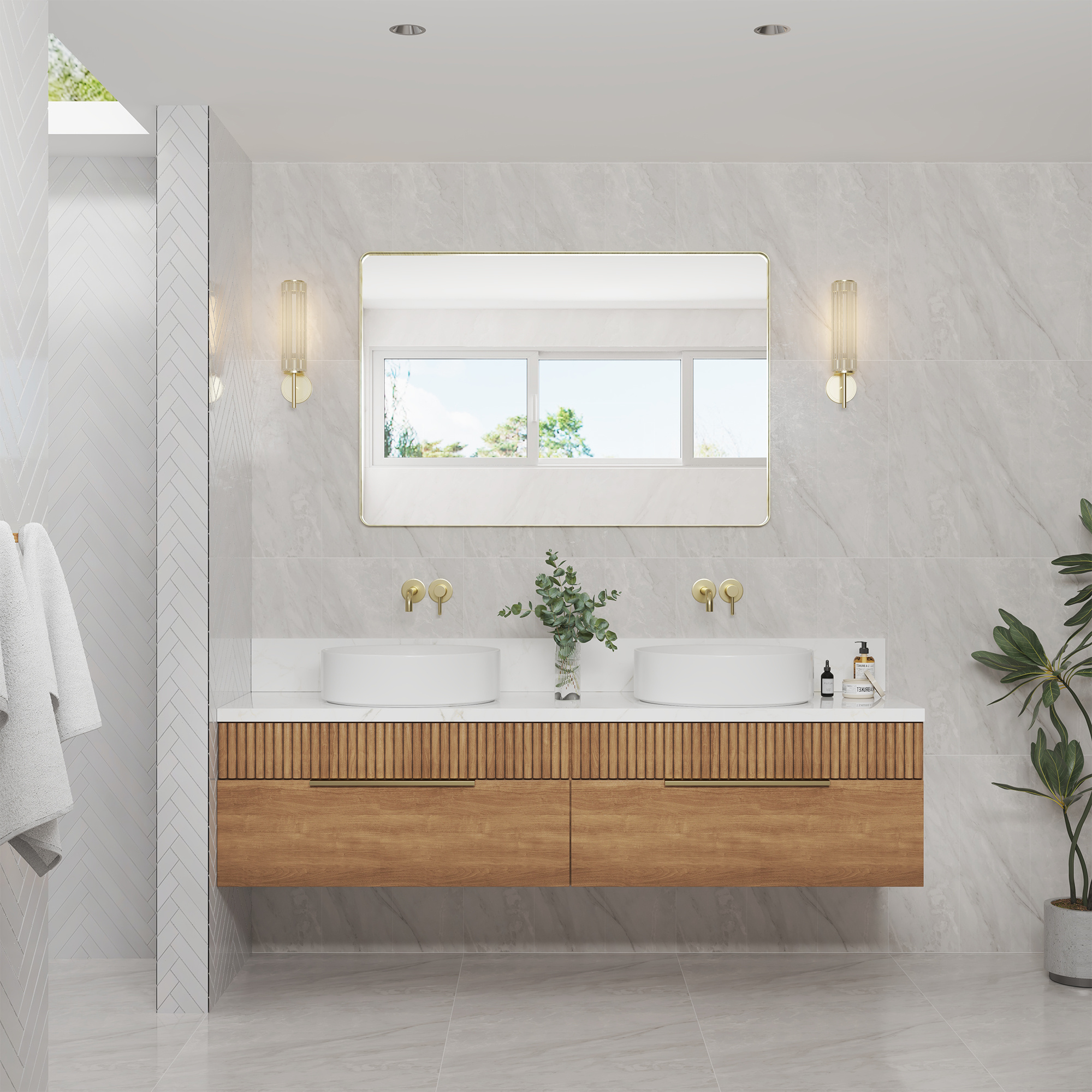 Tempered Glass Wall-Mounted Mirror with Gold Metal Frame