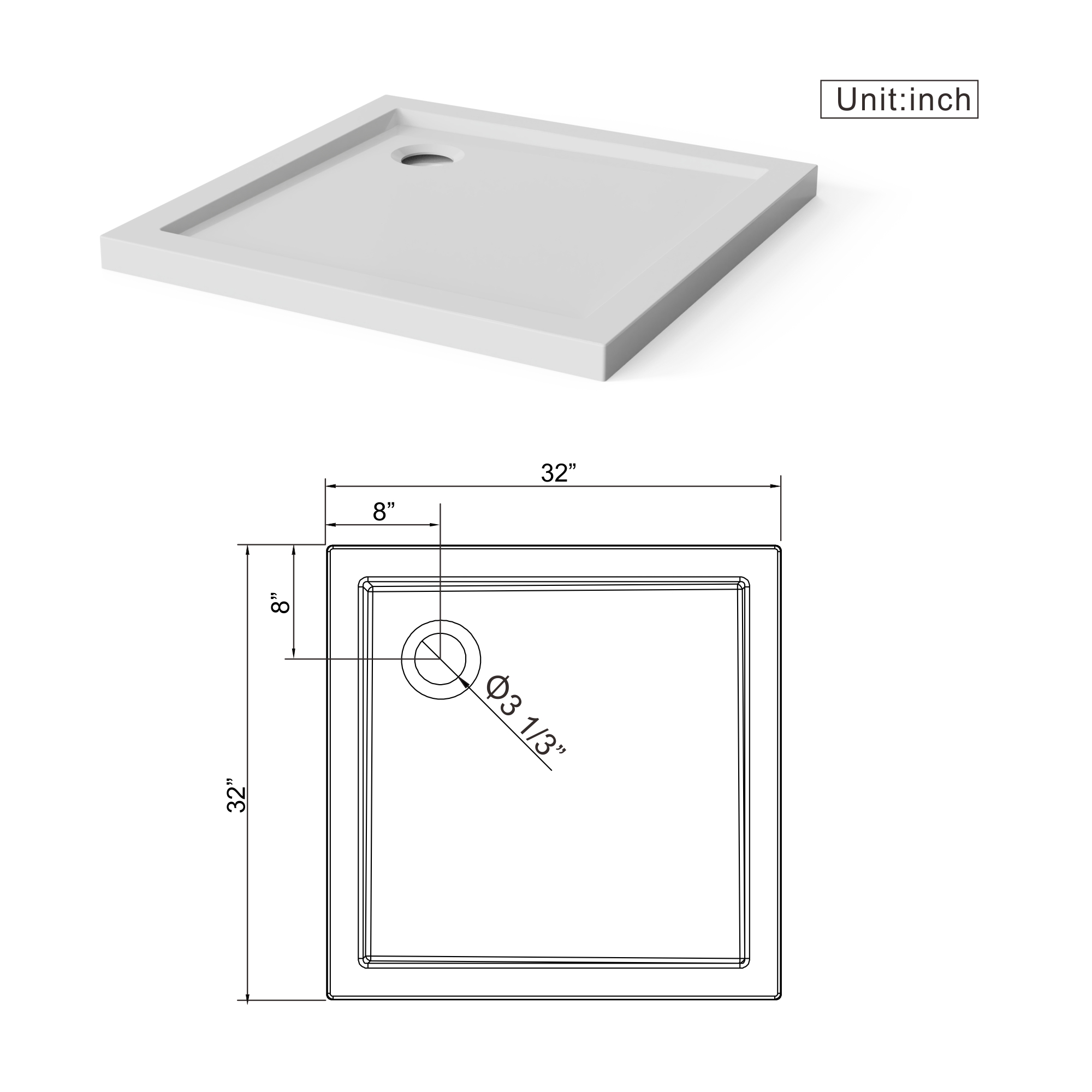 32" x 32" White No-Threshold Shower Base with Corner Drain, Anti-Slip Acrylic Shower Pan