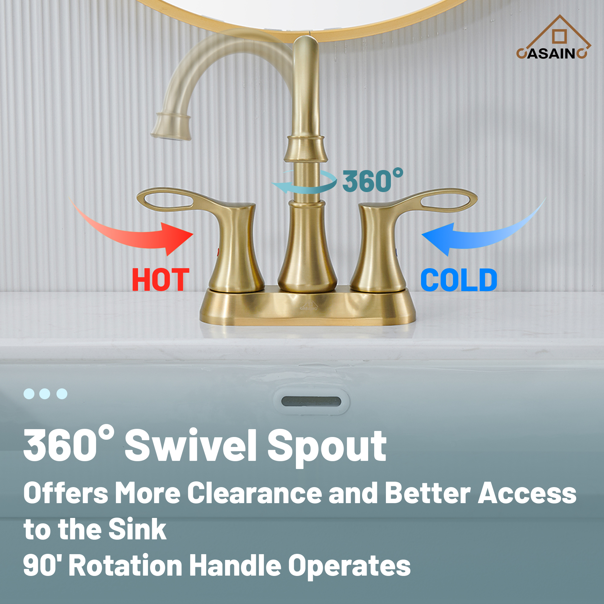 Casainc 4 Inch 2-Handle Centerset Bathroom Sink Faucet 360° Swivel Spout Vanity Faucet