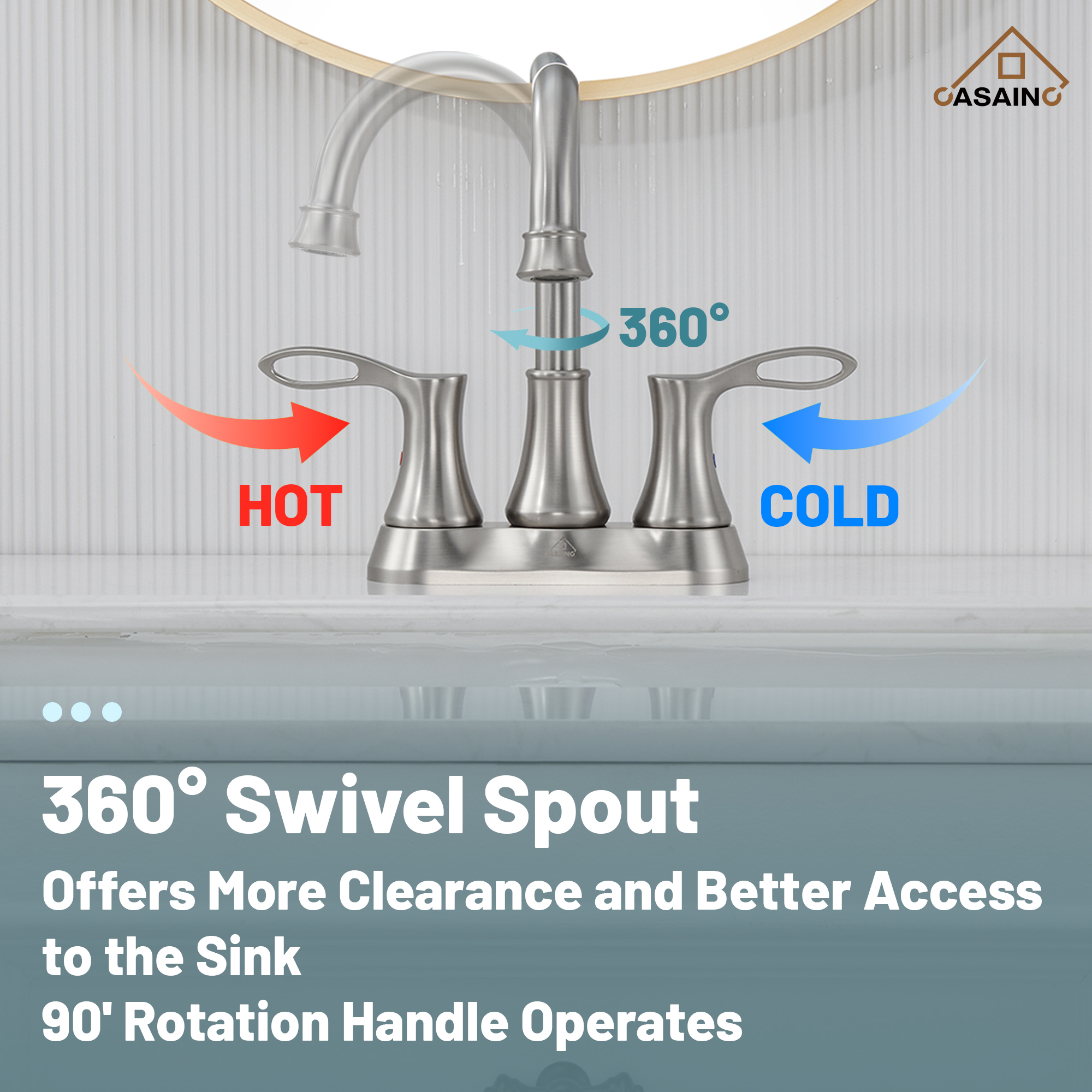 Casainc 4 Inch 2-Handle Centerset Bathroom Sink Faucet 360° Swivel Spout Vanity Faucet