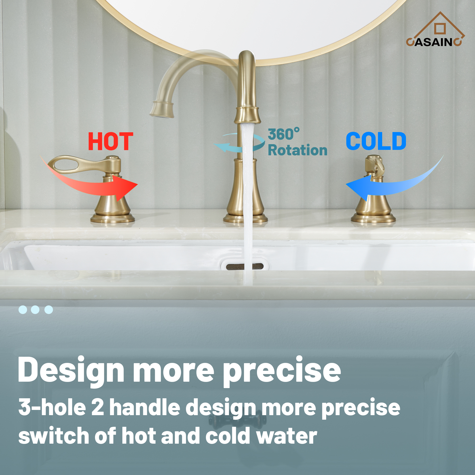 Casainc 8" Brass Bathroom Sink Faucet 3 Hole Gold Bathroom Faucet  2 Handle Gold Faucet for Bathroom Sink with Pop-up Drain Assembly Widespread Vanity Faucets