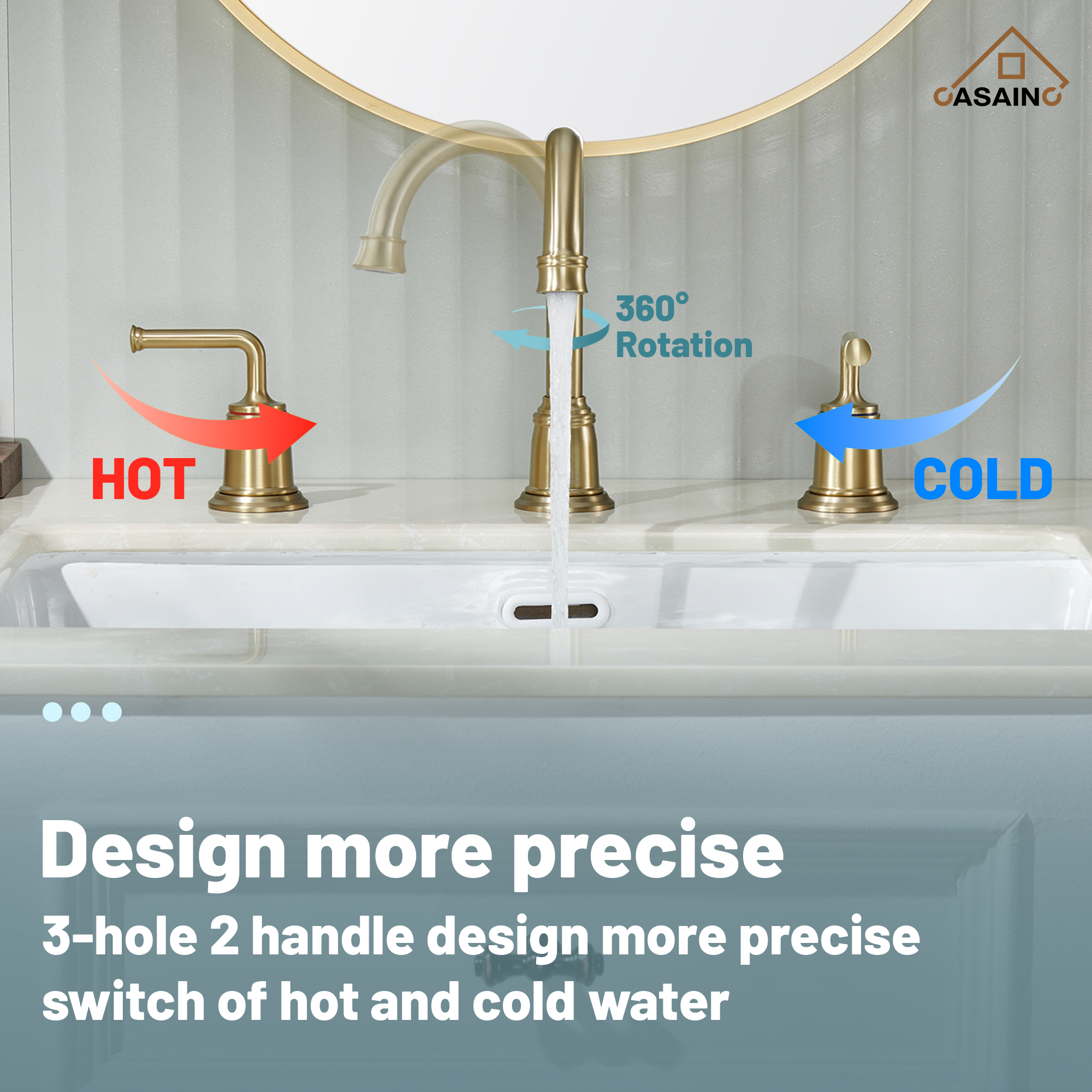 Casainc 8" Brass Bathroom Sink Faucet 2 Handle 3 Hole Gold Bathroom Faucet for Bathroom Sink with Pop-up Drain Assembly Widespread Vanity Faucets