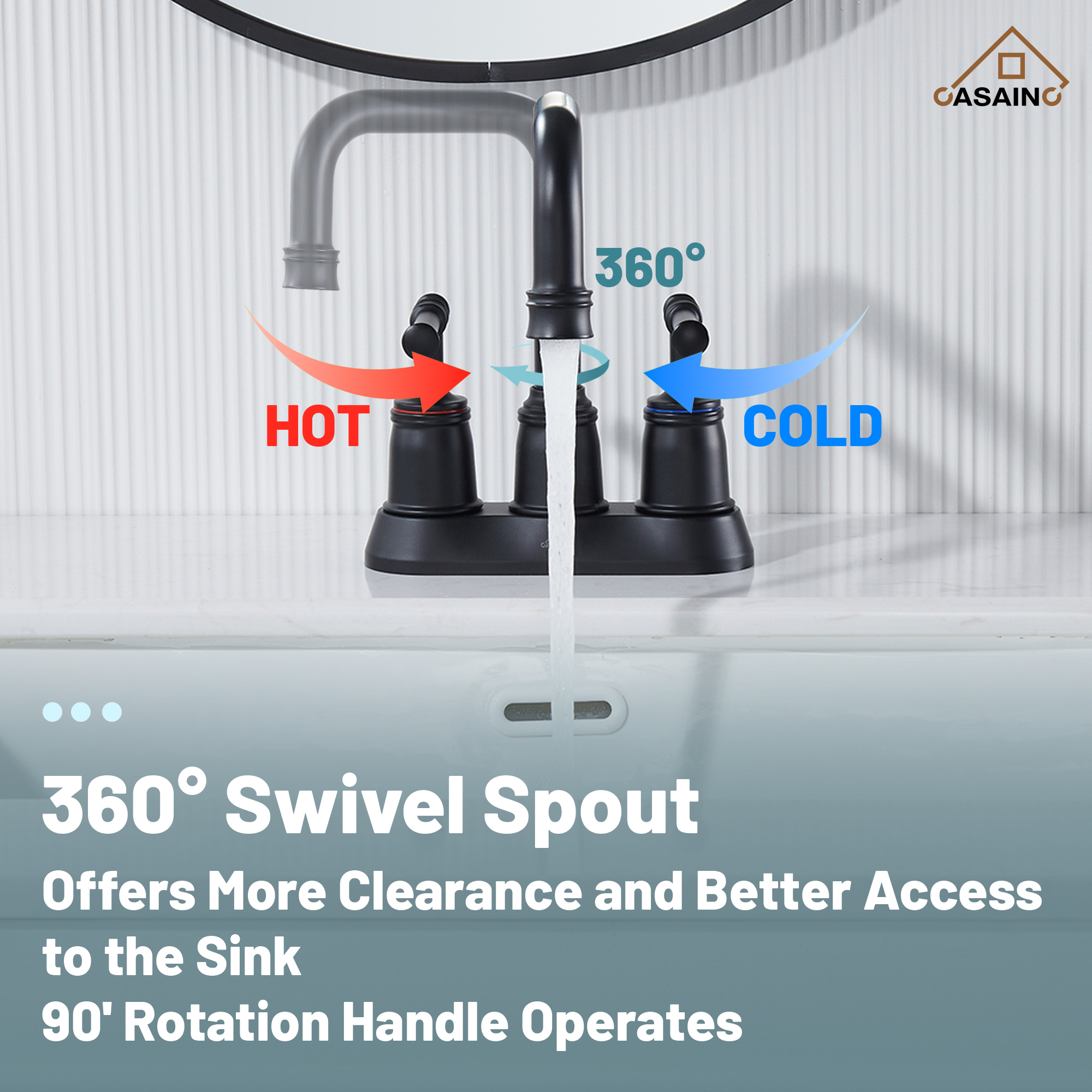 Casainc 4 Inch 2-Handle Centerset for Bathroom Sink Vanity Faucet 360° Swivel Spout