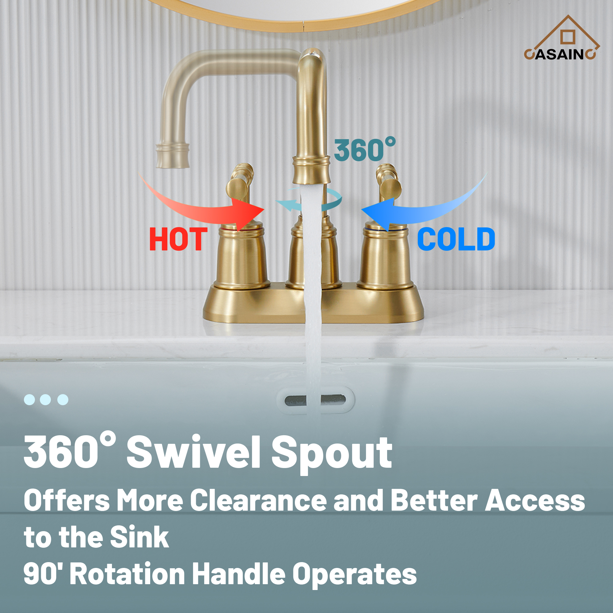 Casainc 4 Inch 2-Handle Centerset for Bathroom Sink Vanity Faucet 360° Swivel Spout