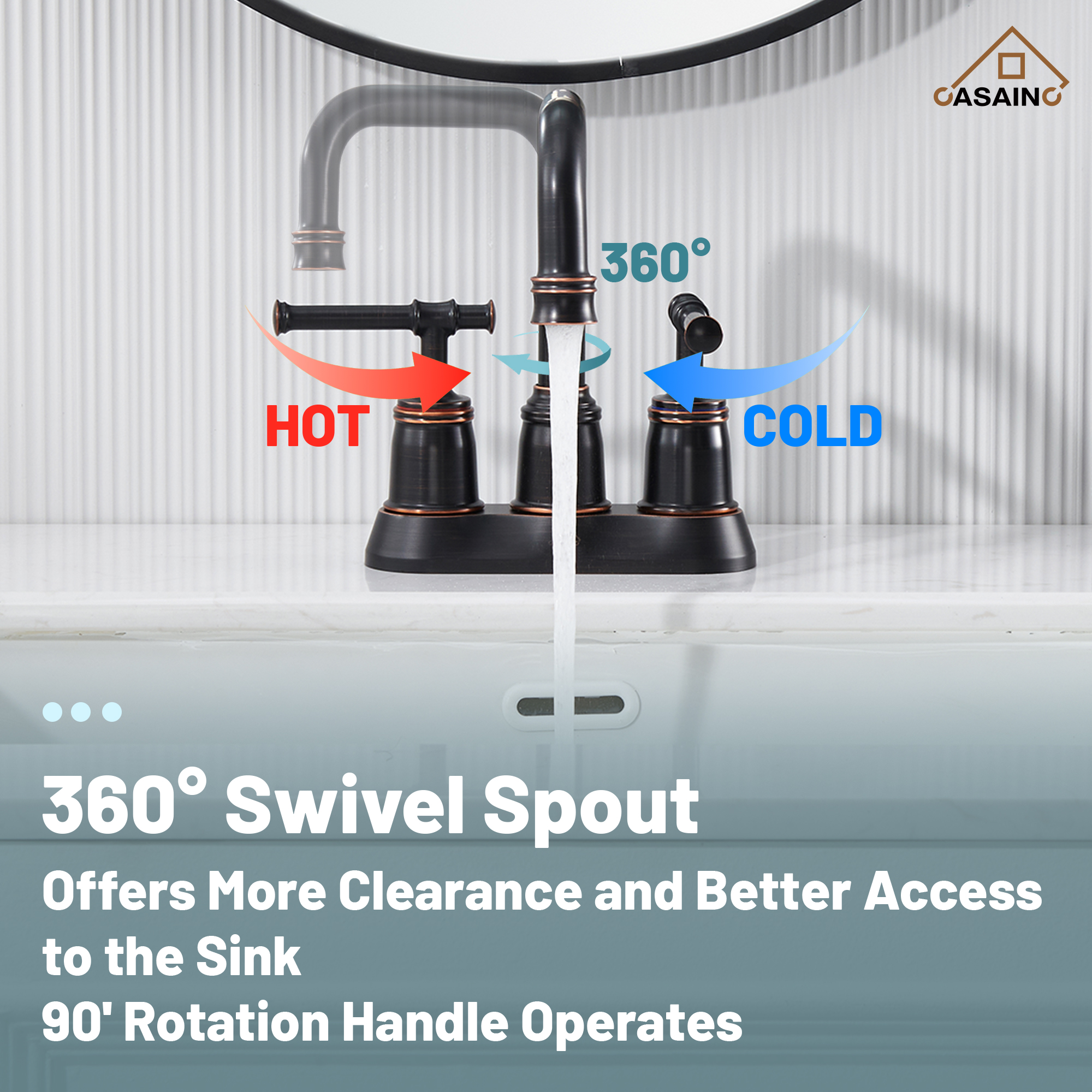 Casainc 4 Inch 2-Handle Centerset for Bathroom Sink Vanity Faucet 360° Swivel Spout