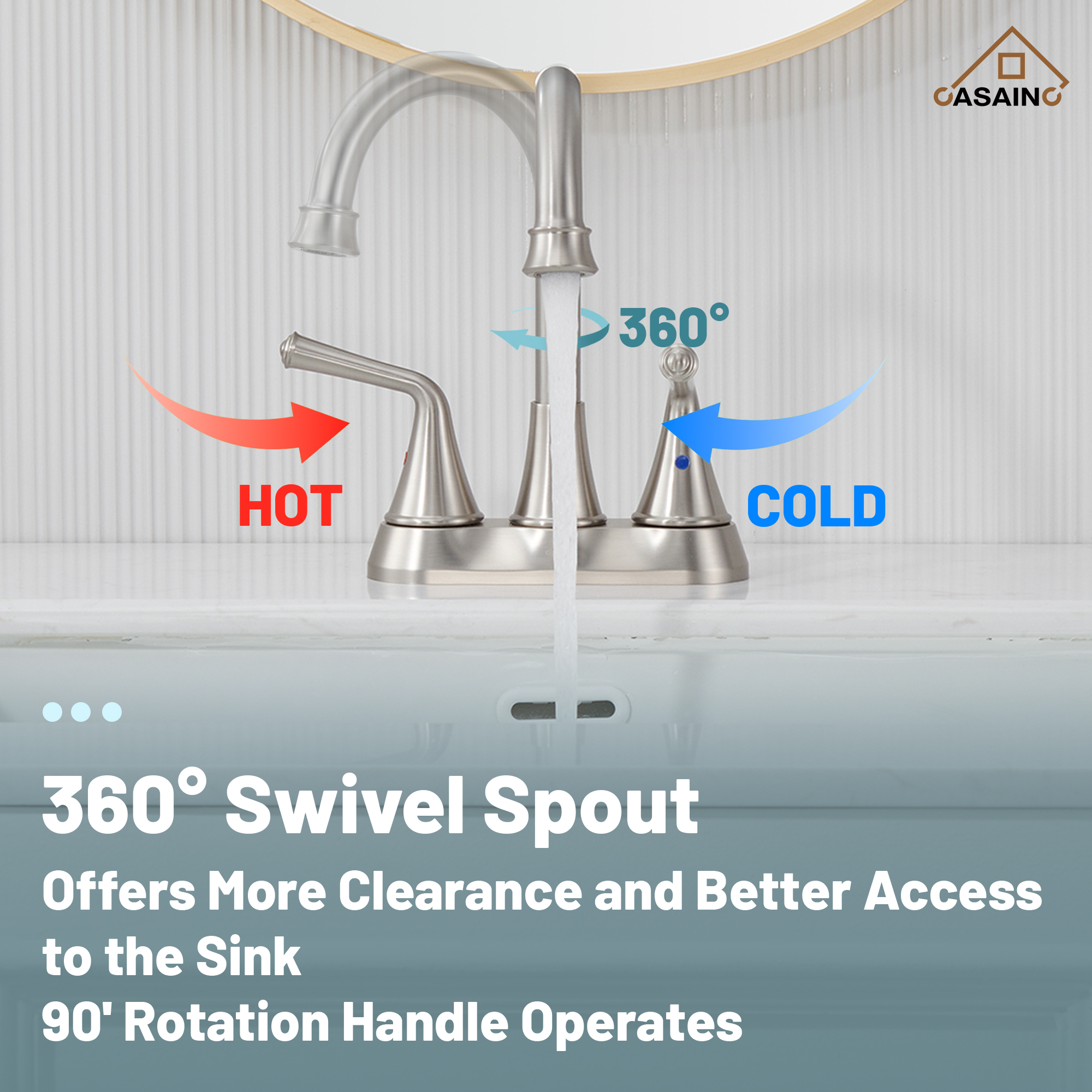 Casainc 4 Inch 2-Handle Centerset Bathroom Faucet for Bathroom Sink Vanity Faucet 360° Swivel Spout