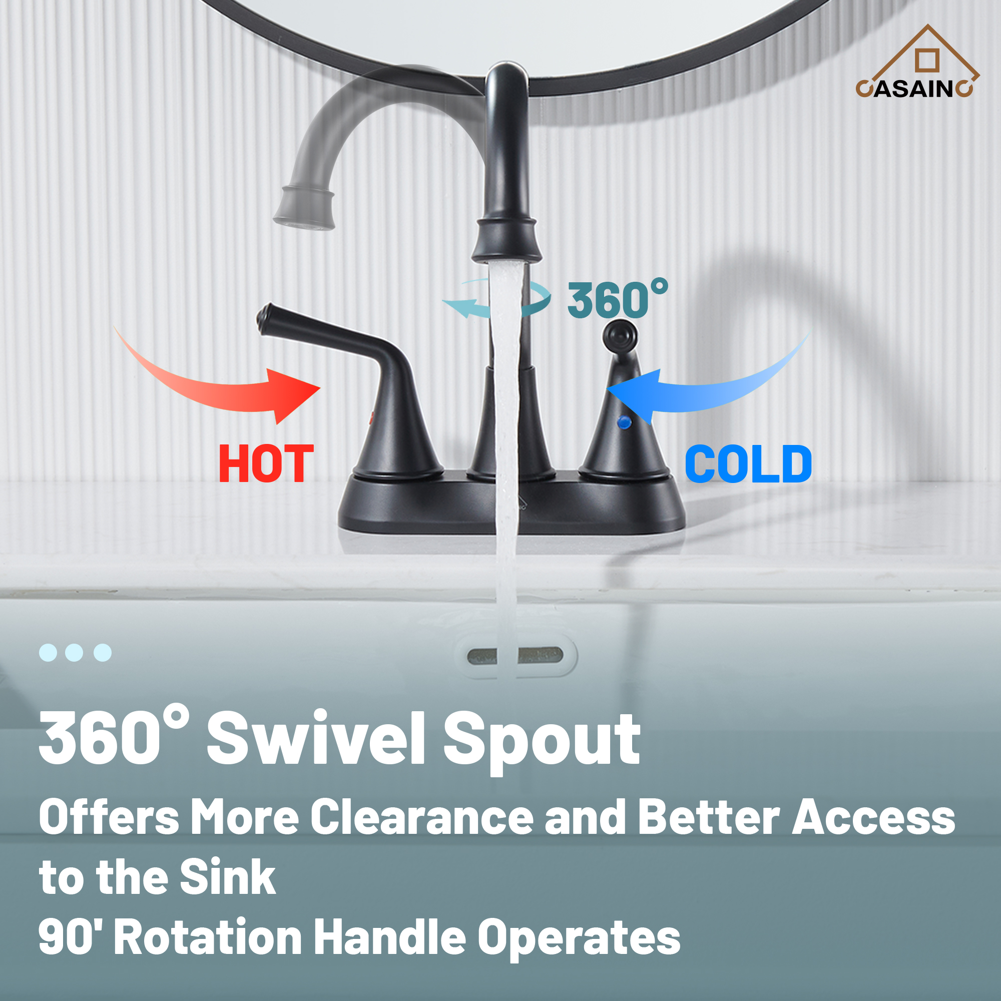 Casainc 4 Inch 2-Handle Centerset Bathroom Faucet for Bathroom Sink Vanity Faucet 360° Swivel Spout