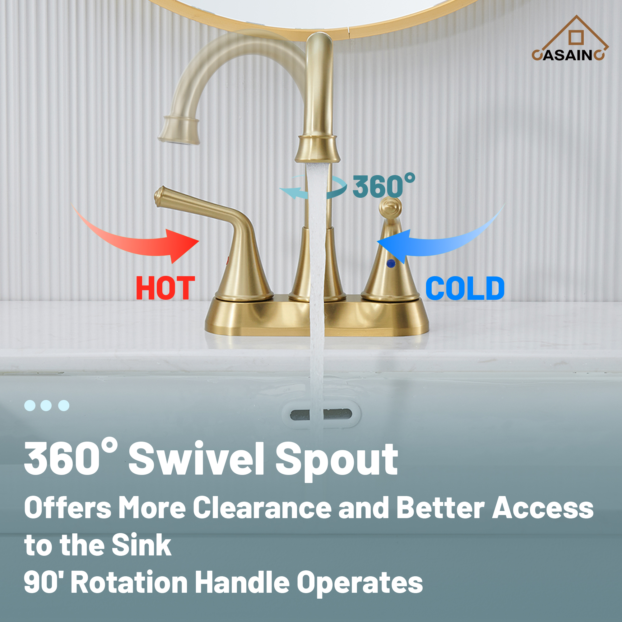 Casainc 4 Inch 2-Handle Centerset Bathroom Faucet for Bathroom Sink Vanity Faucet 360° Swivel Spout