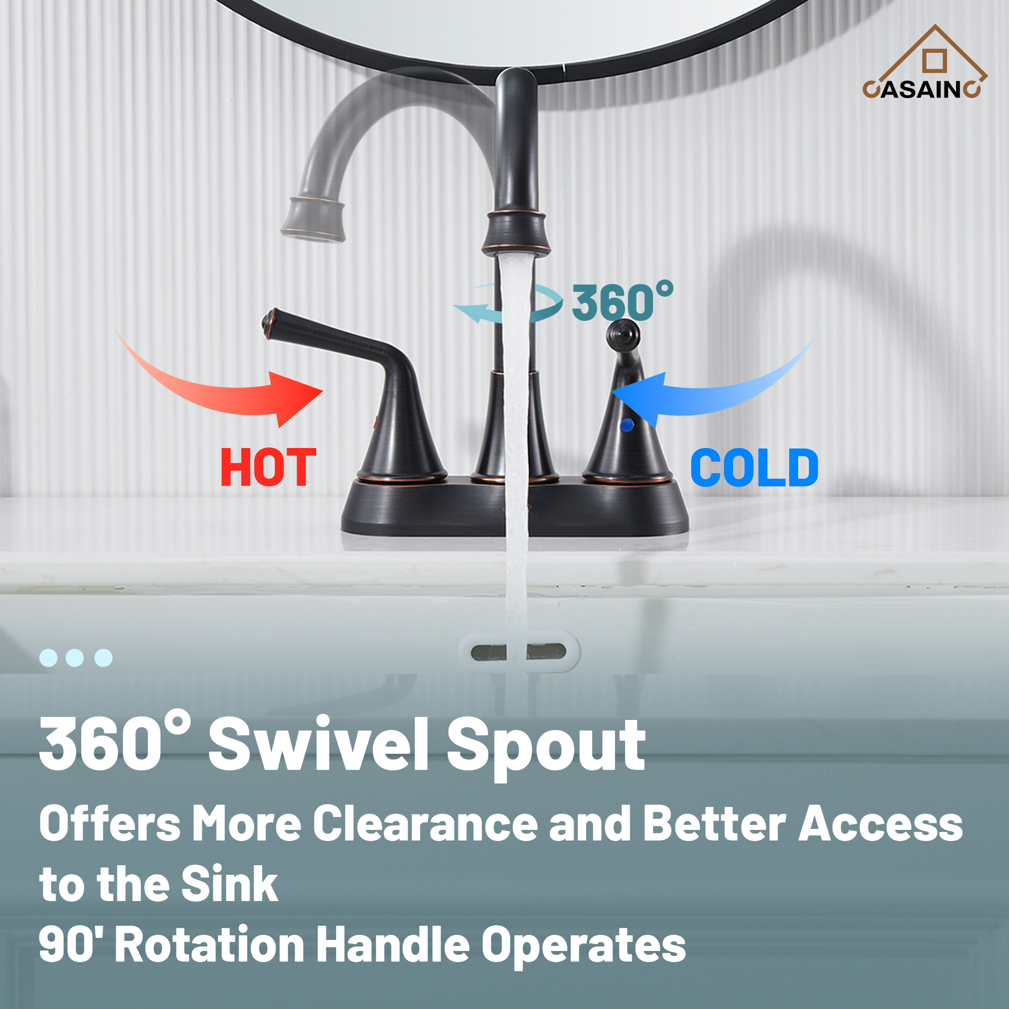 Casainc 4 Inch 2-Handle Centerset Bathroom Faucet for Bathroom Sink Vanity Faucet 360° Swivel Spout