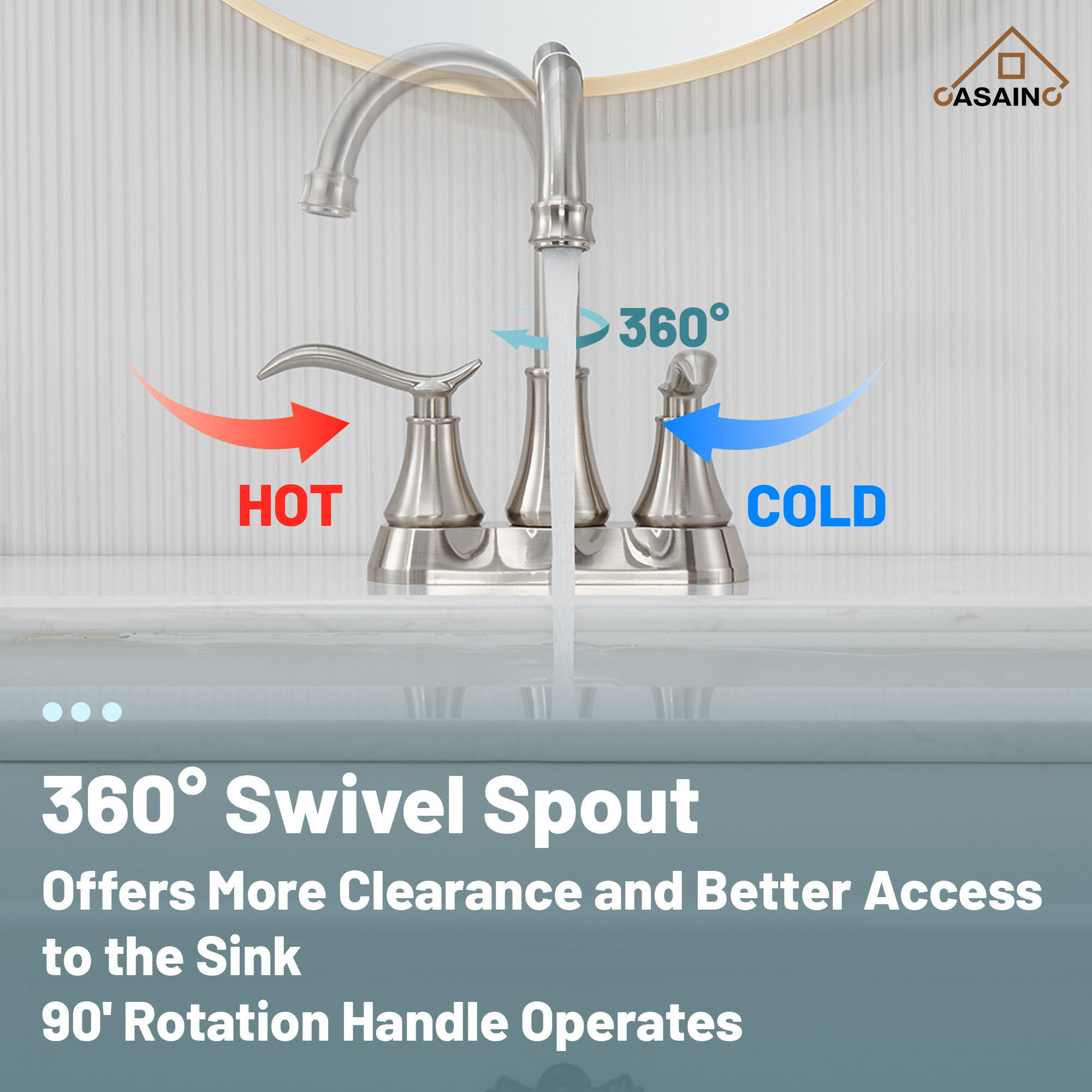 Casainc 2-Handle Centerset Bathroom Faucet for Bathroom Sink Vanity Faucet 360° Swivel Spout