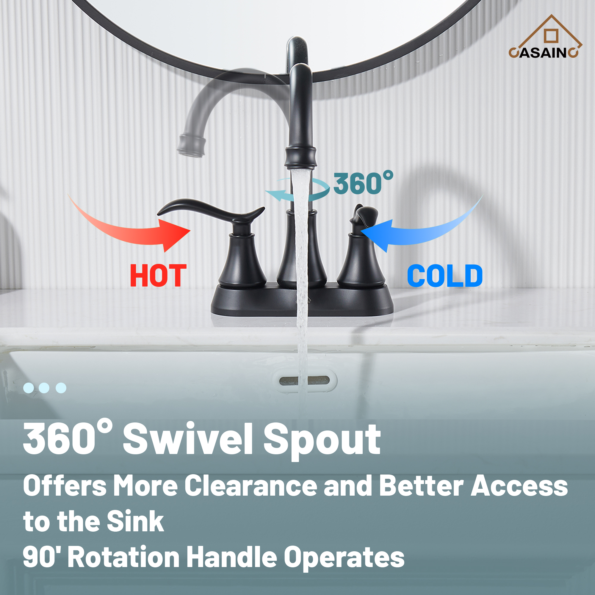 Casainc 2-Handle Centerset Bathroom Faucet for Bathroom Sink Vanity Faucet 360° Swivel Spout