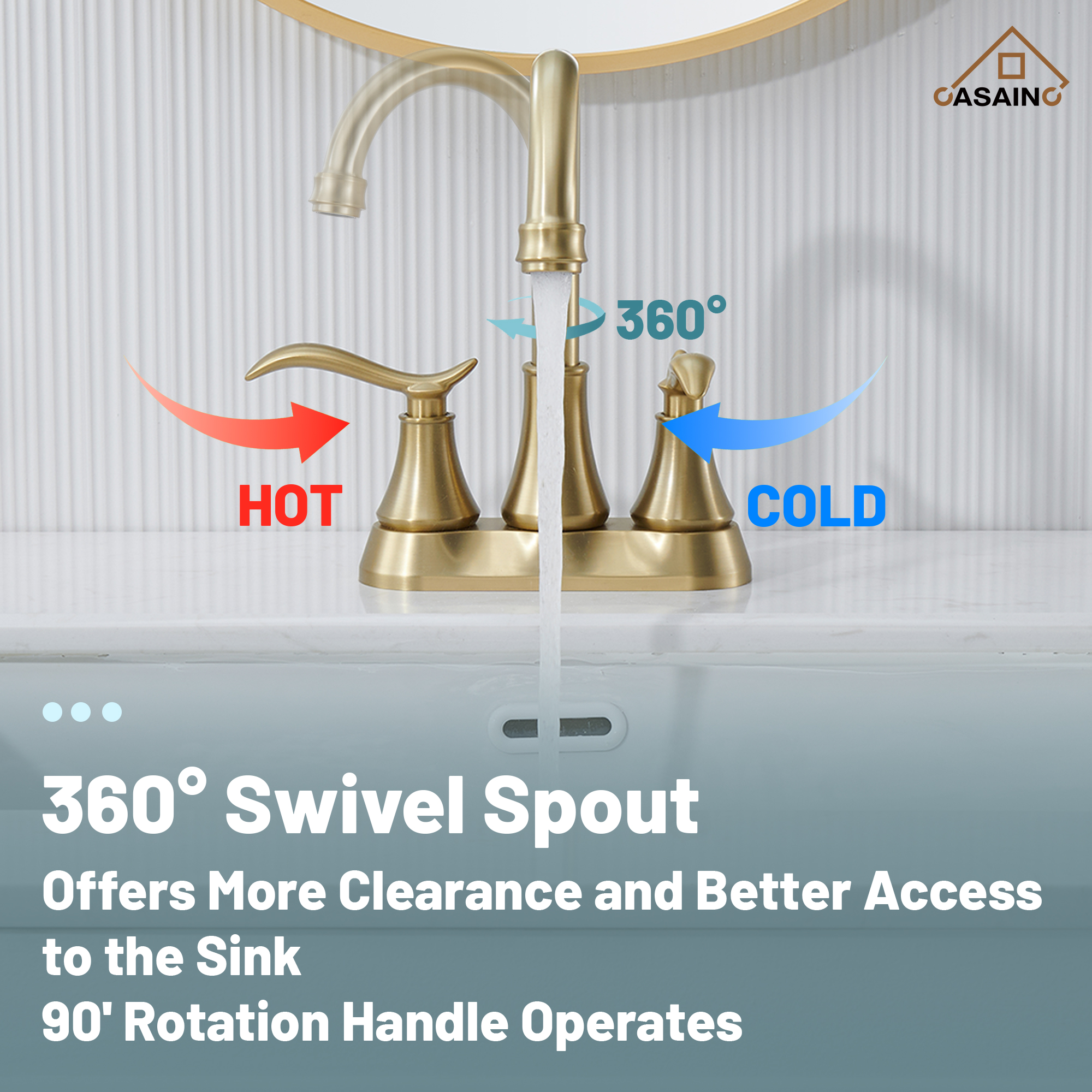 Casainc 2-Handle Centerset Bathroom Faucet for Bathroom Sink Vanity Faucet 360° Swivel Spout