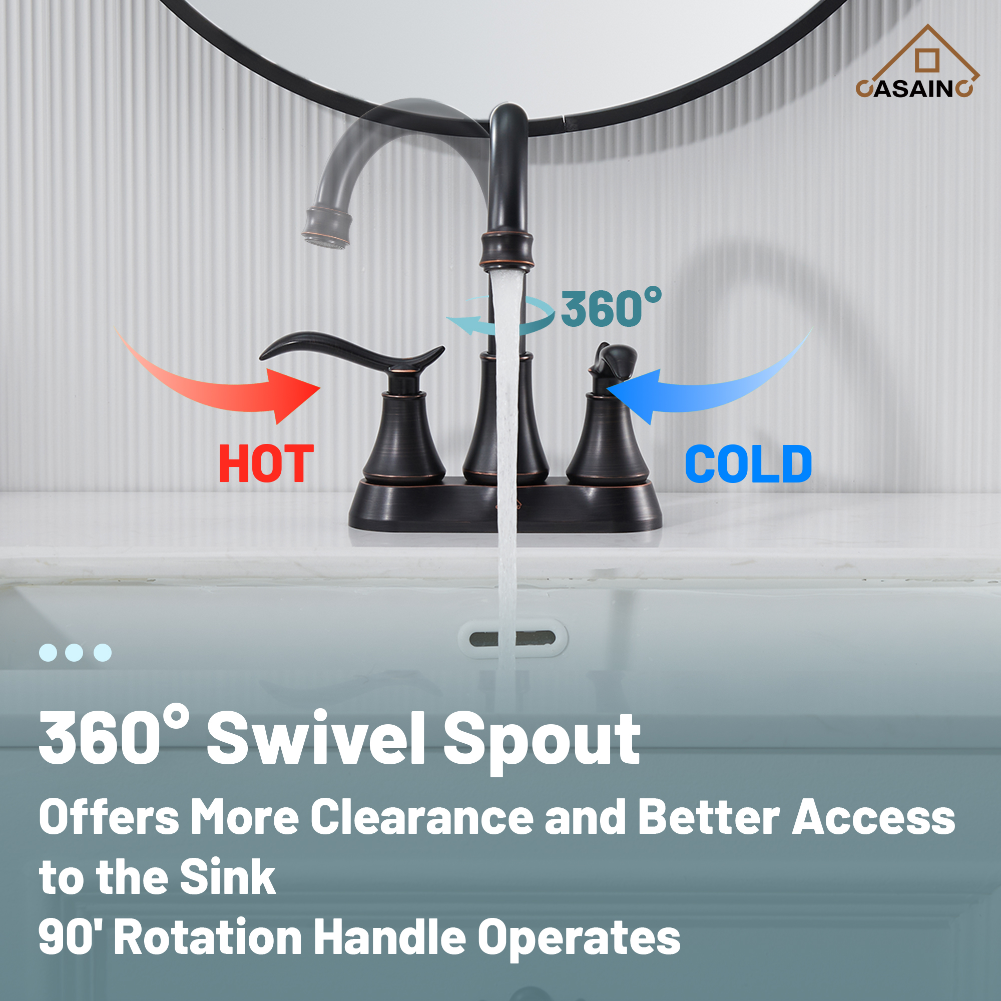 Casainc 2-Handle Centerset Bathroom Faucet for Bathroom Sink Vanity Faucet 360° Swivel Spout