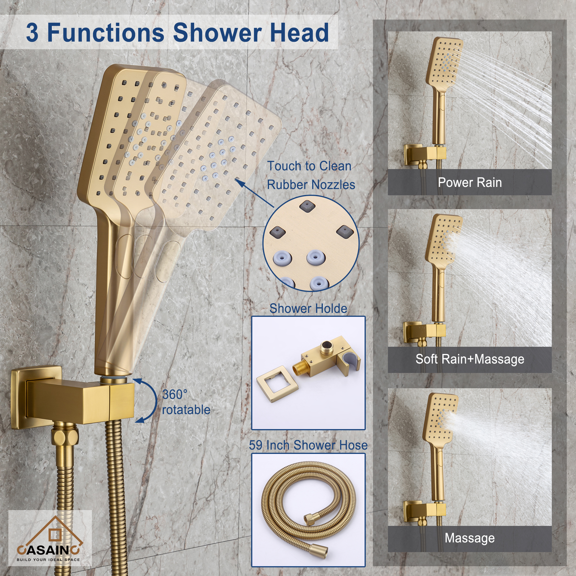 12" Shower System Square Top 3-Function Showerhead