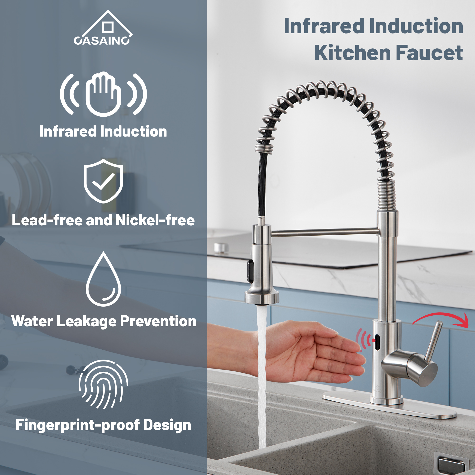 3-Mode Single Handle Pull-Down Sprayer Kitchen Faucet with Touchless Sensor and Includes Deckplate