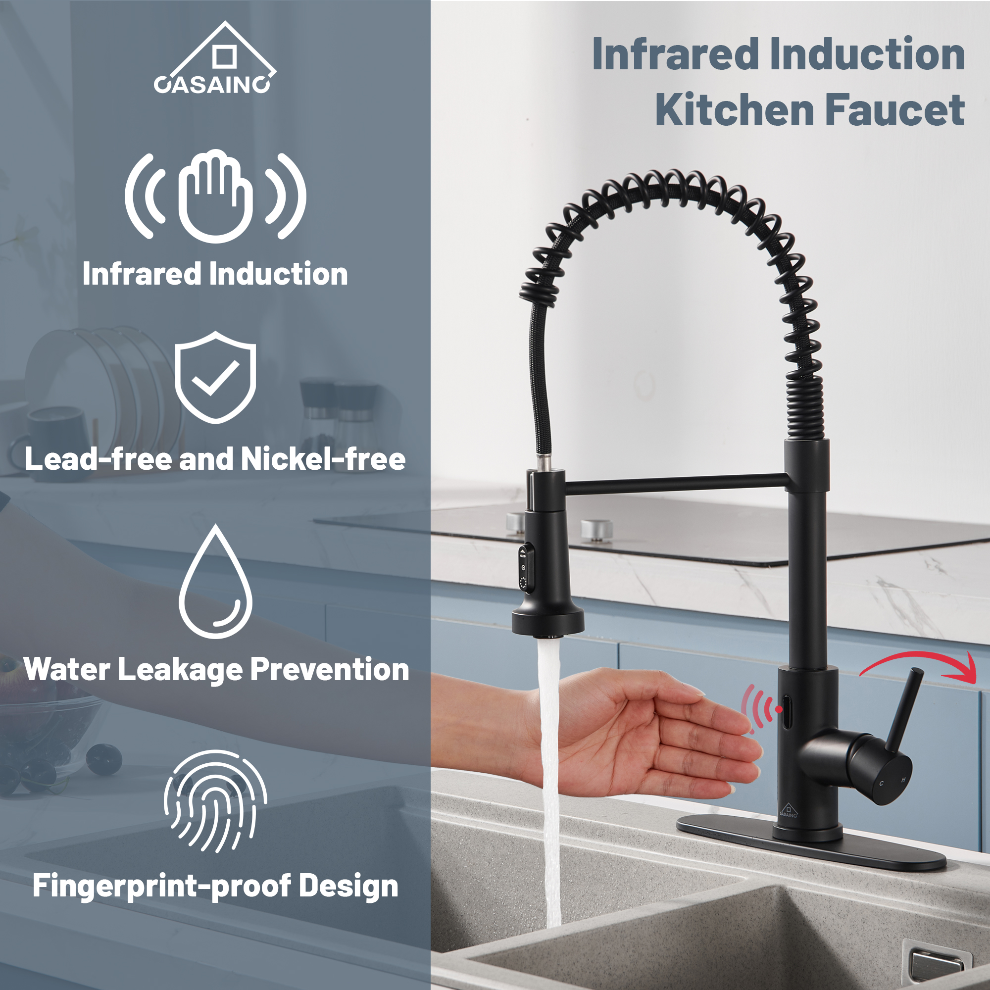3-Mode Single Handle Pull-Down Sprayer Kitchen Faucet with Touchless Sensor and Includes Deckplate