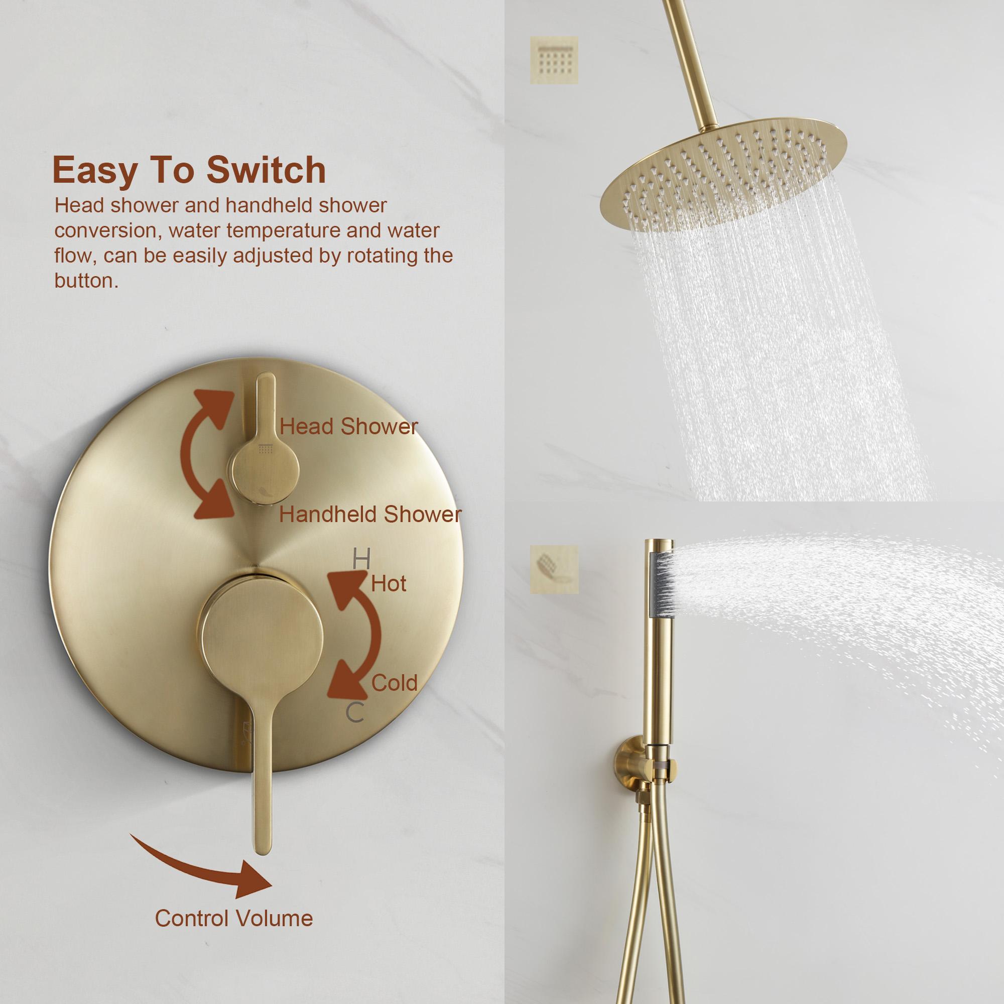 10” Pressure Balance PVD Brushed Gold Shower System with Handheld
