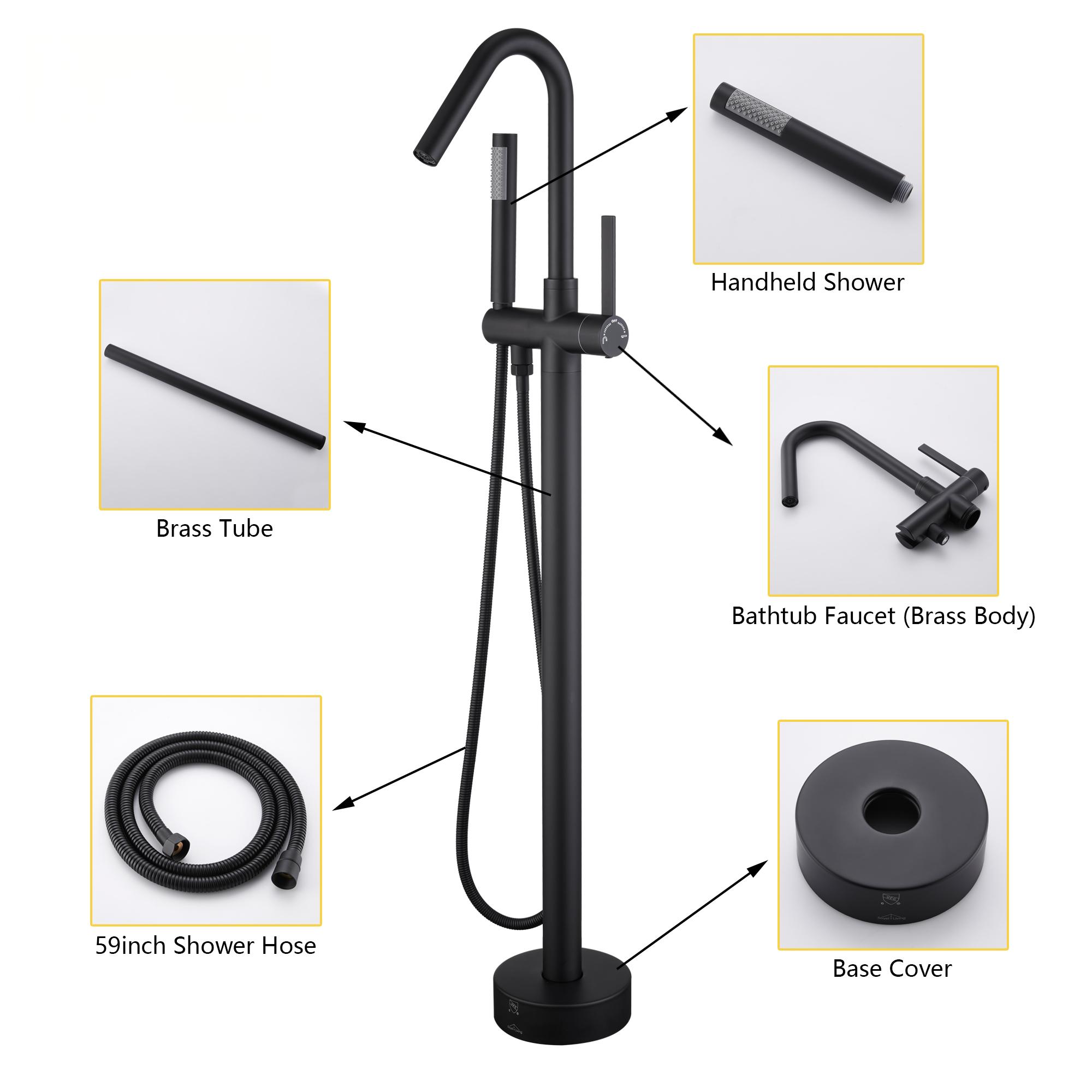 Solid Brass Floor Mount Bathtub Faucet with Hand Shower and High Arc Spout