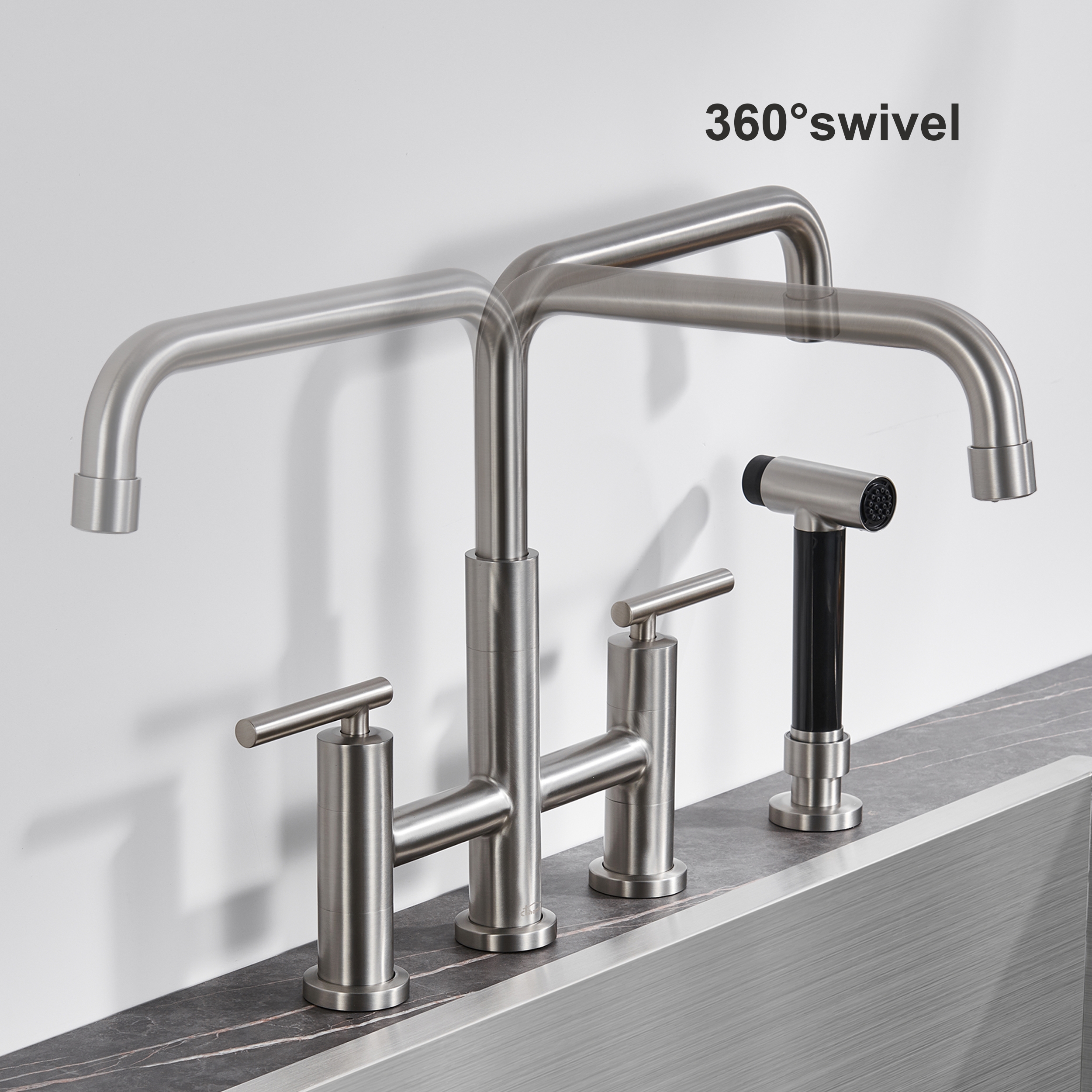 Pull-Down Bridge Kitchen Faucet with Double Handles & Bubbler Aerator