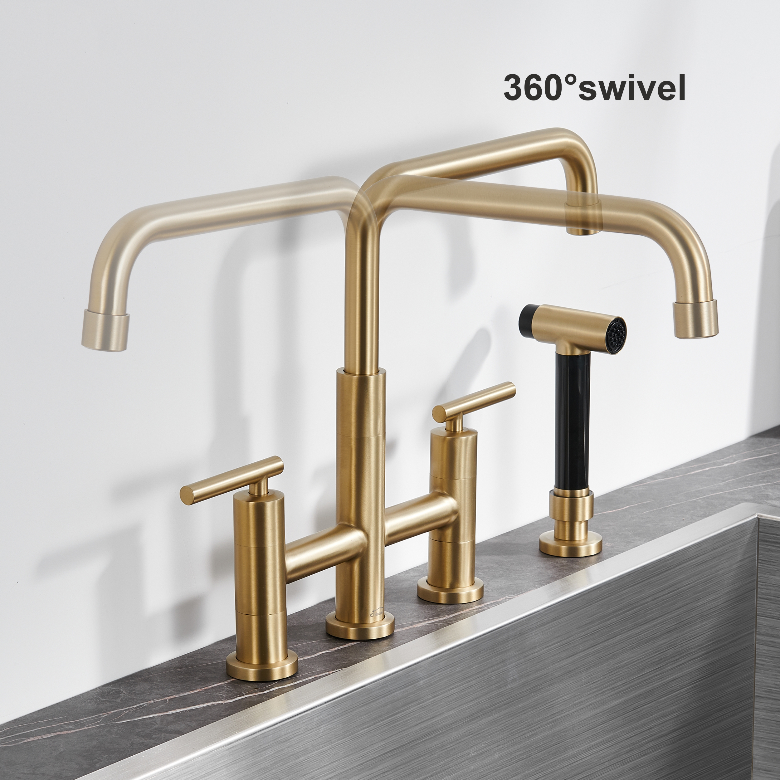 Pull-Down Bridge Kitchen Faucet with Double Handles & Bubbler Aerator