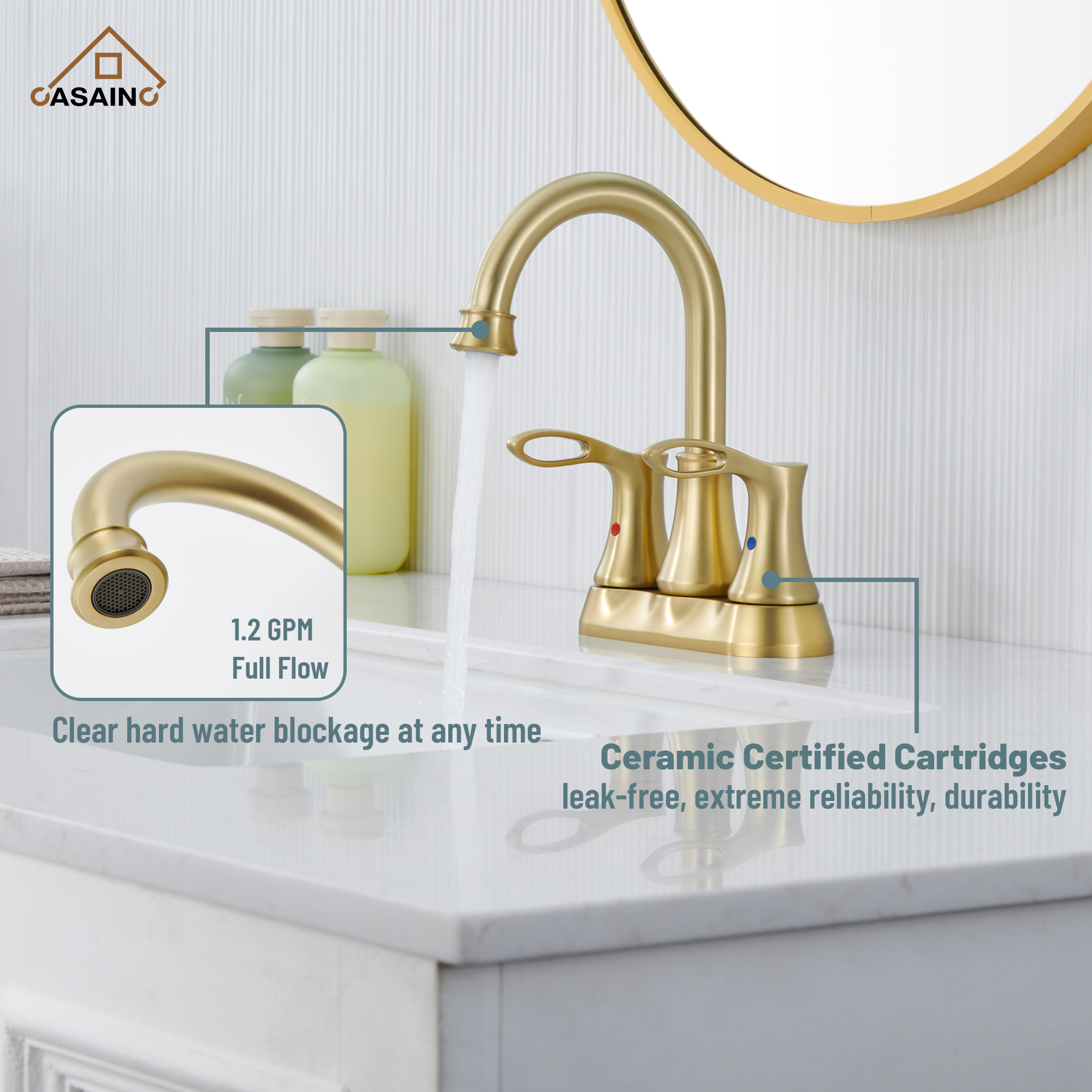 Casainc 4 Inch 2-Handle Centerset Bathroom Sink Faucet 360° Swivel Spout Vanity Faucet