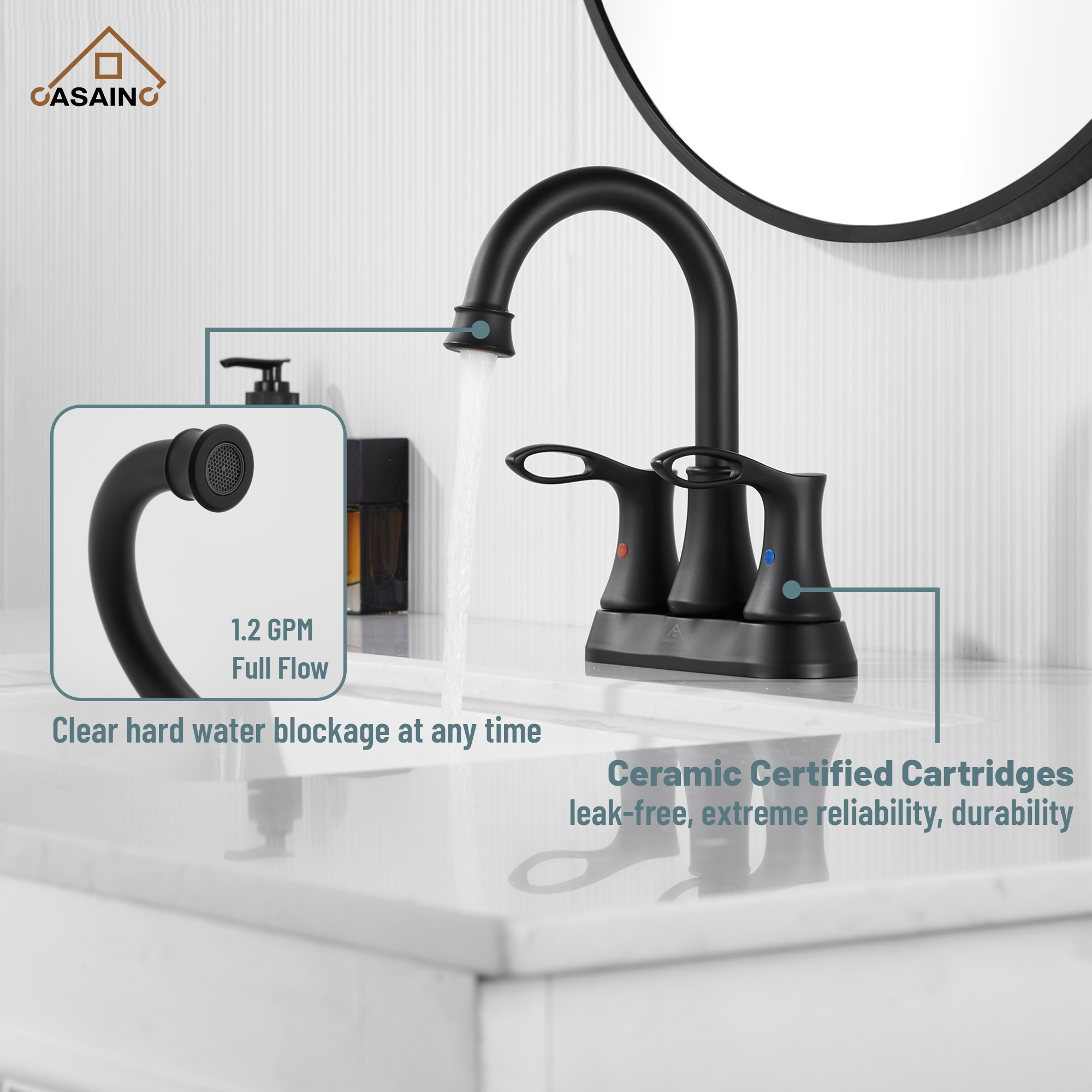 Casainc 4 Inch 2-Handle Centerset Bathroom Sink Faucet 360° Swivel Spout Vanity Faucet